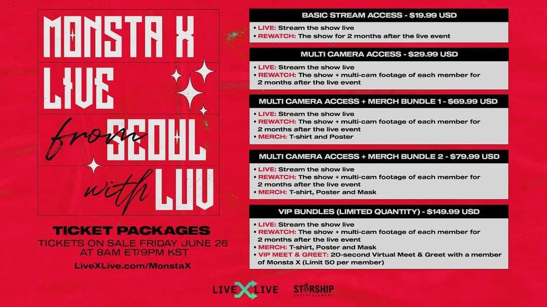 Monsta Xさんのインスタグラム写真 - (Monsta XInstagram)「TICKET PACKAGES ARE HERE! #MONSTAX LIVE FROM SEOUL WITH LUV #MonstaXLiveWithLuv Tickets Go On Sale Friday June 26 at 8am ET/9pm KST at LiveXLive.com/MonstaX GET READY #MONBEBE 💚 @livexlive ⠀ #MONSTA_X #몬스타엑스 ⠀ - #몬스타엑스 온라인 콘서트 MONSTA X LIVE FROM SEOUL WITH LUV TICKET PACKAGES 안내 ⠀ ✔️ 공연 일자 : 2020.07.26 12PM (KST) ✔️ 예매 일자 : 2020.06.26 9PM (KST) ⠀ 👉🏻 http://livexlive.com/monstax ⠀ #MONSTAX #MONSTA_X #MONBEBE #monstaxlivewithluv」6月25日 11時35分 - official_monsta_x