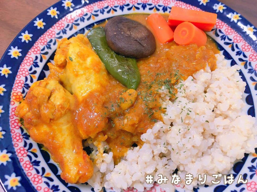 南まりかのインスタグラム：「. 初のスパイスカレー🍴  娘には辛くないトマトのカレーを作ったら大好評でした◡̈♥︎ . 大人のスパイスカレーは辛かったー！笑  少ないスパイスでもそれなりのカレーになったけど、これは奥が深そうだとこれからの楽しみが増えました♬  ご飯は玄米！  #スパイスカレー #みなまりごはん #玄米  #クミン #チリパウダー #ターメリック #コリアンダー  #4つのスパイス #初心者 #でも出来た 笑」