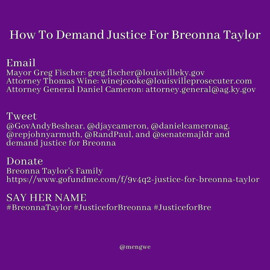 ケイト・ウォルシュさんのインスタグラム写真 - (ケイト・ウォルシュInstagram)「#Repost @Mengwe 💜  Thank you @themikedoyle! “100 days. And Breonna’s killers have not been charged or arrested. HOW DO YOU PASS A LAW NAMED AFTER BREONNA BUT DON’T ARREST THE PEOPLE WHO KILLED HER?! Her name is no longer trending, and people have stopped talking about her. It’s so upsetting that people aren’t going as hard for Breonna as they did for George Floyd. [Just look at the 7th slide. That is SAD. And INFURIATING.] This innocent woman’s life was centered around helping others, and she was murdered IN HER OWN HOME. Please continue to fight for justice for Breonna. Don’t stop saying her name, making calls, signing the petitions, and sending emails. ALL OF THE OFFICERS WHO MURDERED BREONNA NEED TO BE FIRED, ARRESTED, AND CHARGED.” #BreonnaTaylor」6月25日 12時20分 - katewalsh