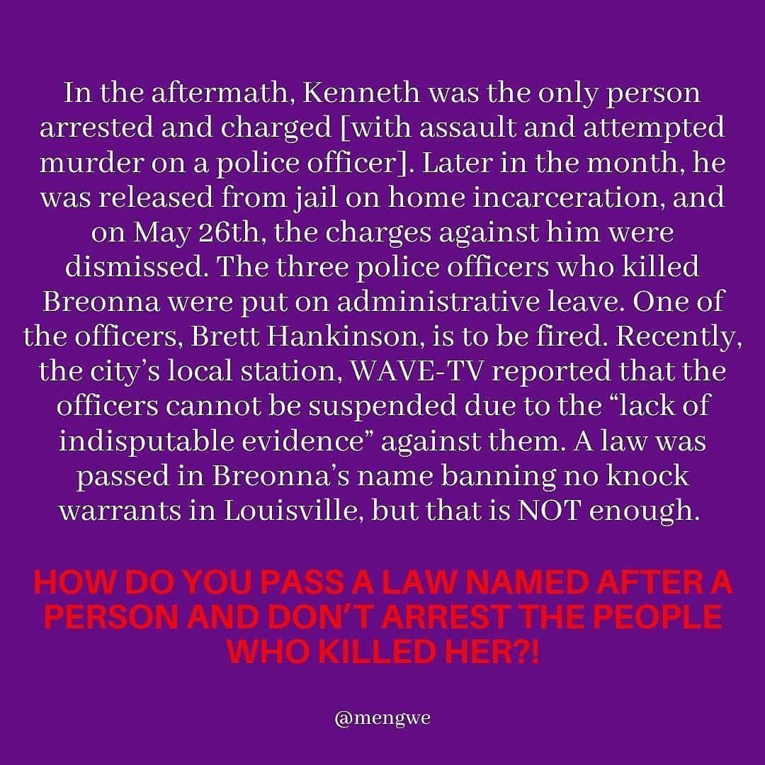 ケイト・ウォルシュさんのインスタグラム写真 - (ケイト・ウォルシュInstagram)「#Repost @Mengwe 💜  Thank you @themikedoyle! “100 days. And Breonna’s killers have not been charged or arrested. HOW DO YOU PASS A LAW NAMED AFTER BREONNA BUT DON’T ARREST THE PEOPLE WHO KILLED HER?! Her name is no longer trending, and people have stopped talking about her. It’s so upsetting that people aren’t going as hard for Breonna as they did for George Floyd. [Just look at the 7th slide. That is SAD. And INFURIATING.] This innocent woman’s life was centered around helping others, and she was murdered IN HER OWN HOME. Please continue to fight for justice for Breonna. Don’t stop saying her name, making calls, signing the petitions, and sending emails. ALL OF THE OFFICERS WHO MURDERED BREONNA NEED TO BE FIRED, ARRESTED, AND CHARGED.” #BreonnaTaylor」6月25日 12時20分 - katewalsh