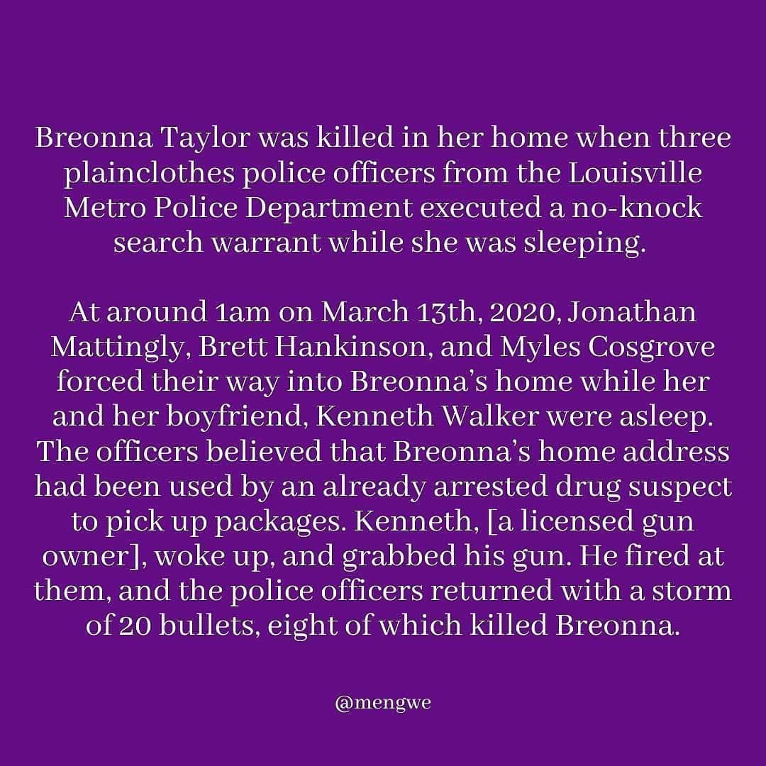 ケイト・ウォルシュさんのインスタグラム写真 - (ケイト・ウォルシュInstagram)「#Repost @Mengwe 💜  Thank you @themikedoyle! “100 days. And Breonna’s killers have not been charged or arrested. HOW DO YOU PASS A LAW NAMED AFTER BREONNA BUT DON’T ARREST THE PEOPLE WHO KILLED HER?! Her name is no longer trending, and people have stopped talking about her. It’s so upsetting that people aren’t going as hard for Breonna as they did for George Floyd. [Just look at the 7th slide. That is SAD. And INFURIATING.] This innocent woman’s life was centered around helping others, and she was murdered IN HER OWN HOME. Please continue to fight for justice for Breonna. Don’t stop saying her name, making calls, signing the petitions, and sending emails. ALL OF THE OFFICERS WHO MURDERED BREONNA NEED TO BE FIRED, ARRESTED, AND CHARGED.” #BreonnaTaylor」6月25日 12時20分 - katewalsh