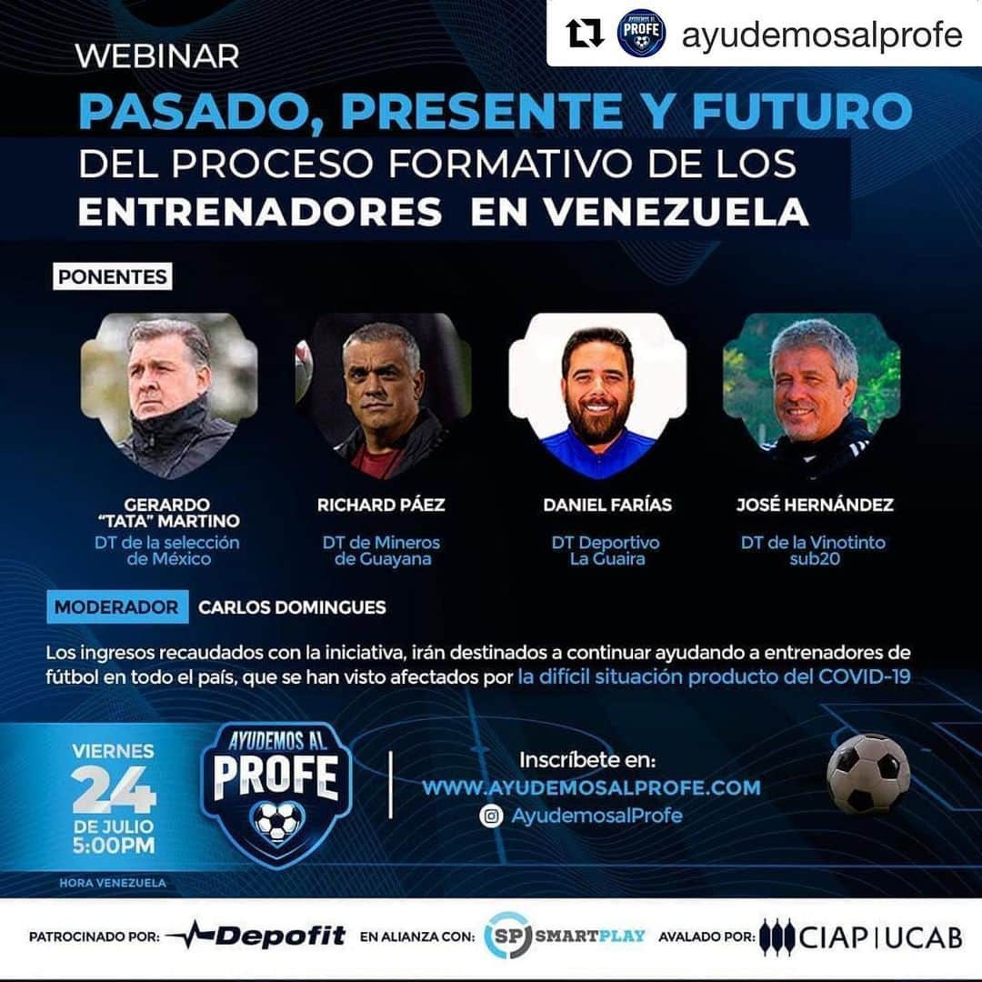 ロベルト・ロサレスのインスタグラム：「#Repost @ayudemosalprofe with @get_repost ・・・ REPROGRAMACIÓN ⬇️ . Por motivos relacionados con la agenda, el webinar se realizará el 24 de JULIO a las 5:00 pm 🕖 . ¡Aprovechen esta oportunidad de aprender junto a los grandes #RichardPaez, #GerardoMartino @danielfariasdt y @josehernandez_dt . Inscríbete en el link en nuestra BIO y dona a través de www.ayudemosalprofe.com 💙 . Gracias a todos por el gran apoyo que han dado sobre el webinar, por querer participar, donar y apoyar al movimiento 💪🏼 . #AyudemosAlProfe #Covid_19 #Webinar」