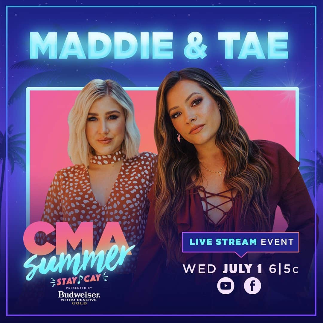 Maddie & Taeさんのインスタグラム写真 - (Maddie & TaeInstagram)「We may not all be together in person, but we cannot WAIT for the #CMASummerStayCay, presented by @budweiser Nitro Gold, live stream! In ONE WEEK, this event will take place on @cma’s YouTube and Facebook! More details at the link in story.」6月25日 4時11分 - maddieandtae