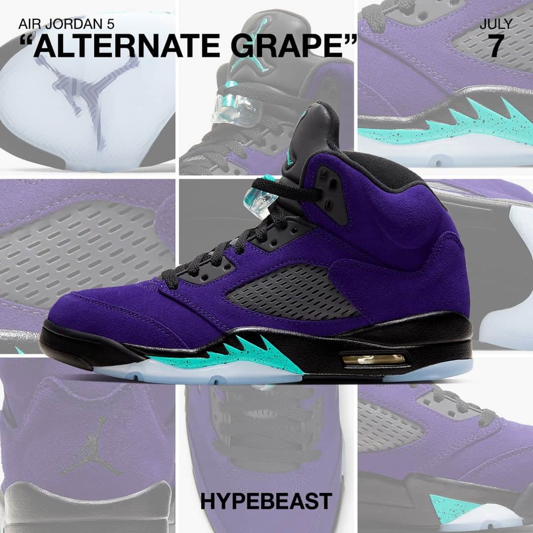 HYPEBEASTさんのインスタグラム写真 - (HYPEBEASTInstagram)「@hypebeastkicks: Here's an official look at the Air Jordan 5 "Alternate Grape." The vibrant design is inspired by the beloved OG Air Jordan 5 “Grape,” which debuted in 1990. The colorway was one of only a handful of Air Jordans that noticeably diverted from the line’s @chicagobulls-themed palette, with this iteration featuring a rich “Purple Grape" suede upper with all the Jordan 5 details you've grown to love. These are set to release on July 7 for $190 USD.⁠ Photo: @nike」6月25日 4時10分 - hypebeast