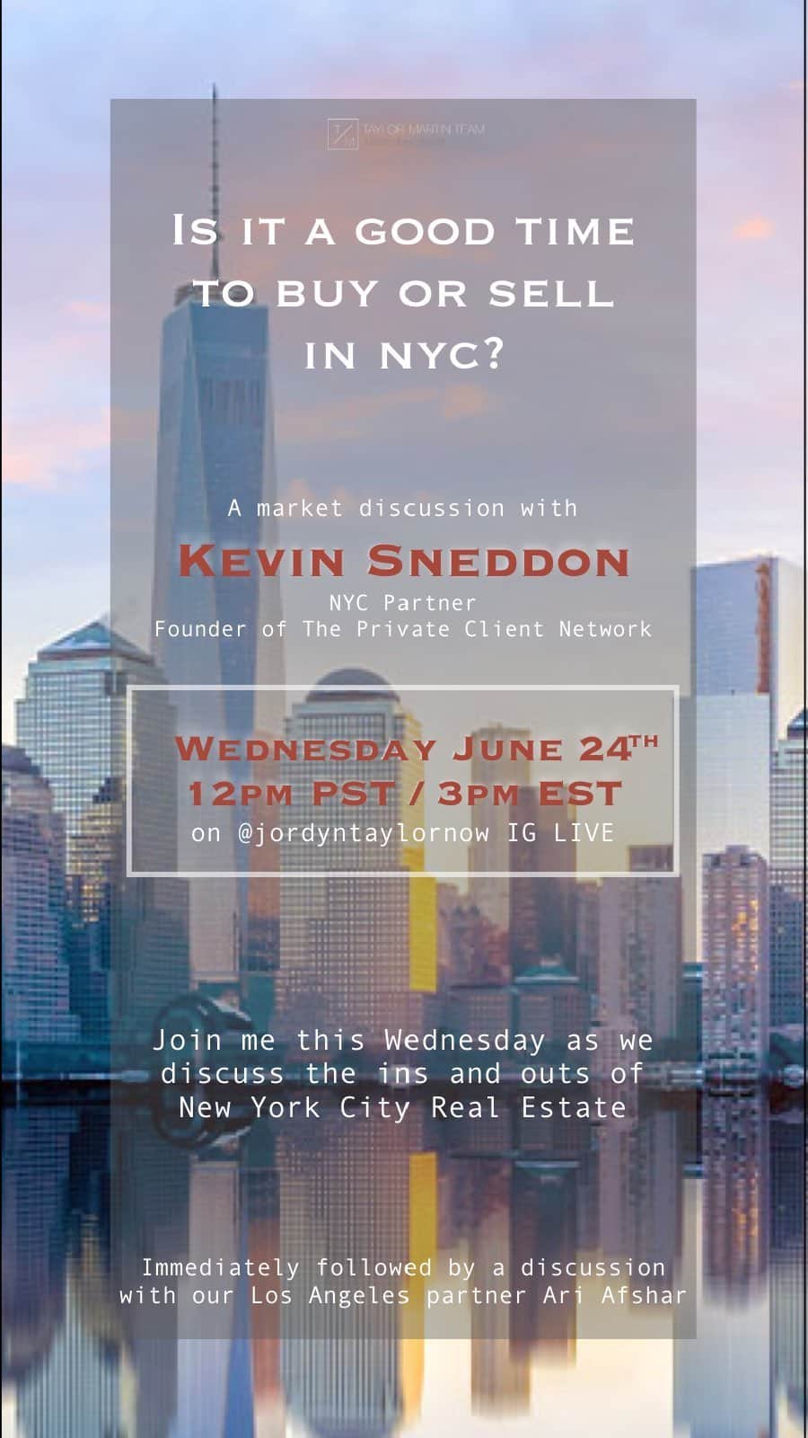 ジョーディン・テイラーのインスタグラム：「A quick sit down with Kevin Sneddon, Founder of @privateclientnetwork , to discuss the current state of NYC real estate.」