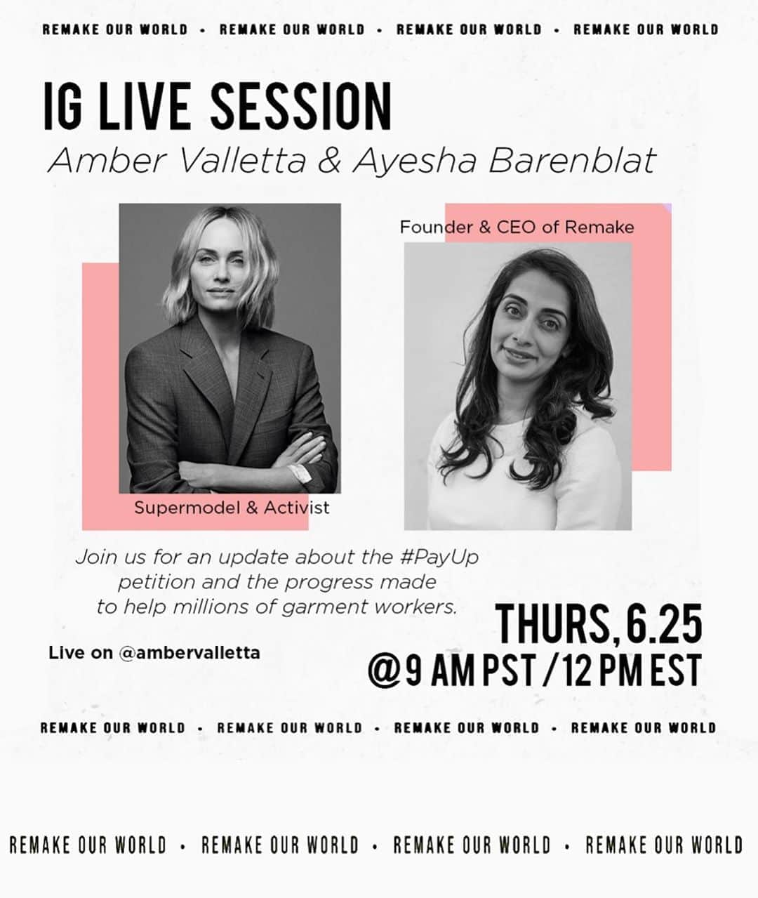 アンバー・ヴァレッタさんのインスタグラム写真 - (アンバー・ヴァレッタInstagram)「Please join me Thursday June 25th (tomorrow) for an important conversation about #payup with Remake’s Founder and CEO Ayesha Barenblat. The incredible work that @remakeourworld has been doing with #Payup is necessary and urgent during this global pandemic. #payup is insuring that fashion brands are paying garment workers for work that has been done. I look forward to having you all join us and be a part of positive change by joining #payup and all of @remakeourworld initiatives. June 25th 9am PST , 12pm EST and 6pm In the UK on my Instagram live 💚」6月25日 8時16分 - ambervalletta