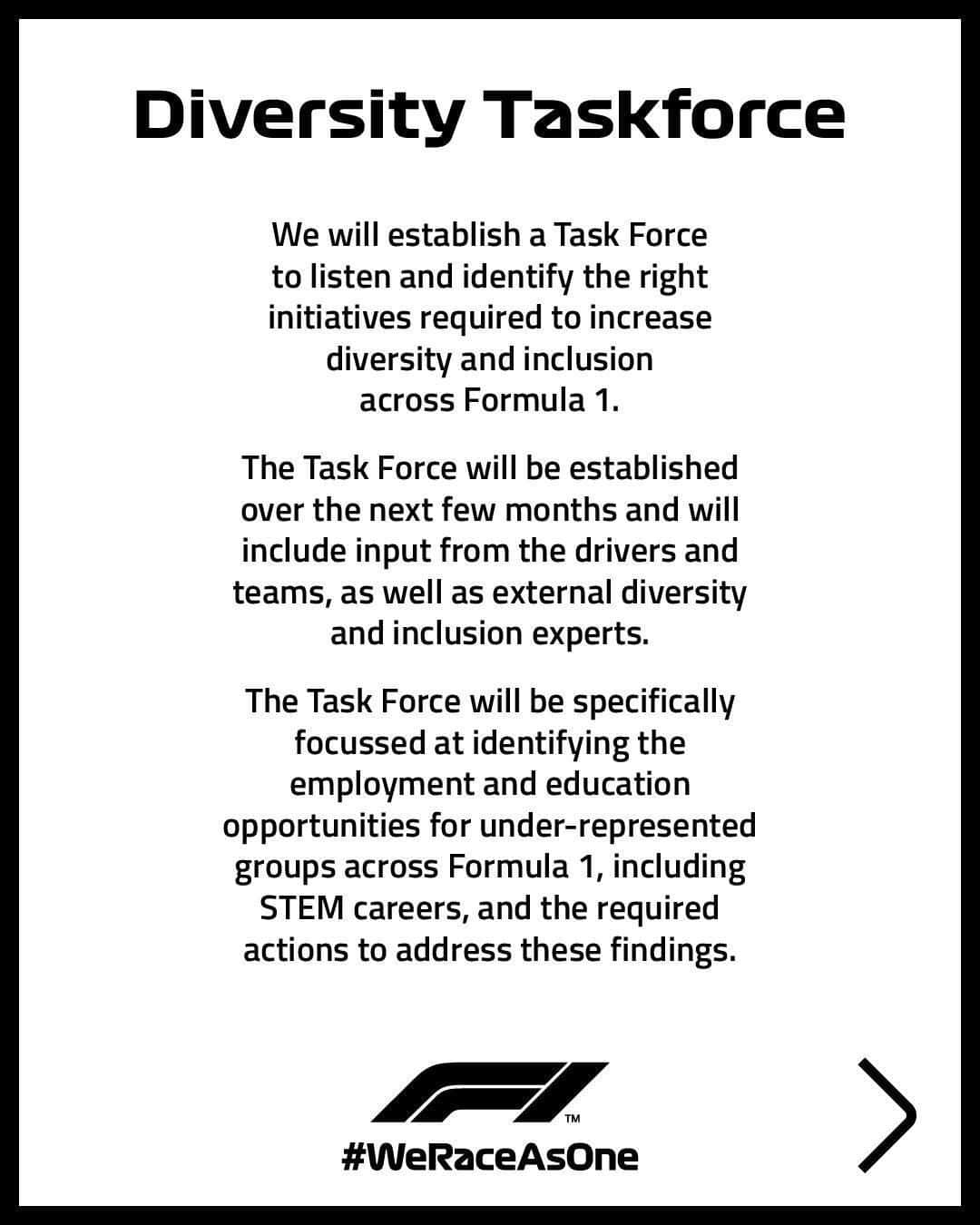 F1さんのインスタグラム写真 - (F1Instagram)「Today we are proud to set out a new series of commitments, including a personal $1 million contribution from CEO Chase Carey, to increase diversity and inclusion, across and within F1  #WeRaceAsOne」6月25日 20時49分 - f1