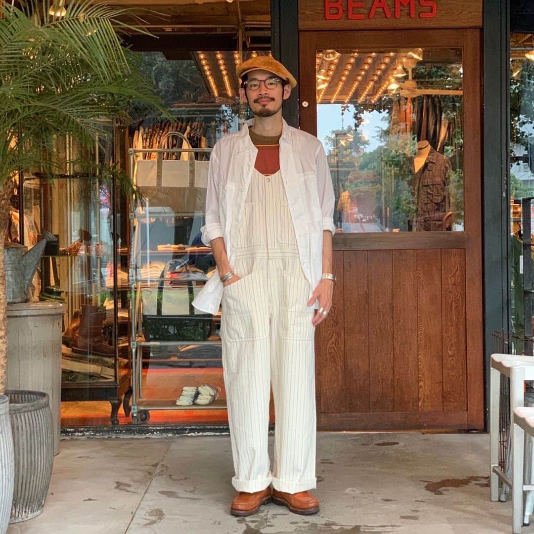 のインスタグラム：「BEAMS PLUS STYLE  #beams #beamsplus #beamsplusharajuku #harajuku #tokyo #japan #sagedecret  #overall #herringbone #stripe #russellmoccasin #workshoes #mensfashion #menstyle #menswear」