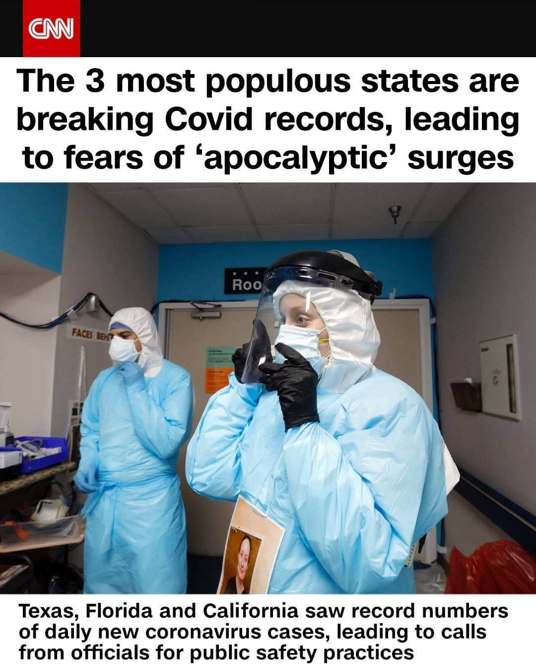 CNNさんのインスタグラム写真 - (CNNInstagram)「The three most populous states set records for new coronavirus cases daily and there are fears of "apocalyptic" surges in major Texas cities if the trend continues. California, Texas and Florida all saw more than 5,000 new cases on Tuesday and Houston is poised to be the hardest-hit city in the US if trajectories continue. Overall, at least 26 states in the US are seeing a jump in coronavirus cases, with infection numbers among young people on the rise. Officials are encouraging citizens to stay home, wear face masks, wash their hands often, and social distance in crowded public areas. (📸:Carolyn Cole/Los Angeles Times via Getty Images)」6月26日 7時00分 - cnn