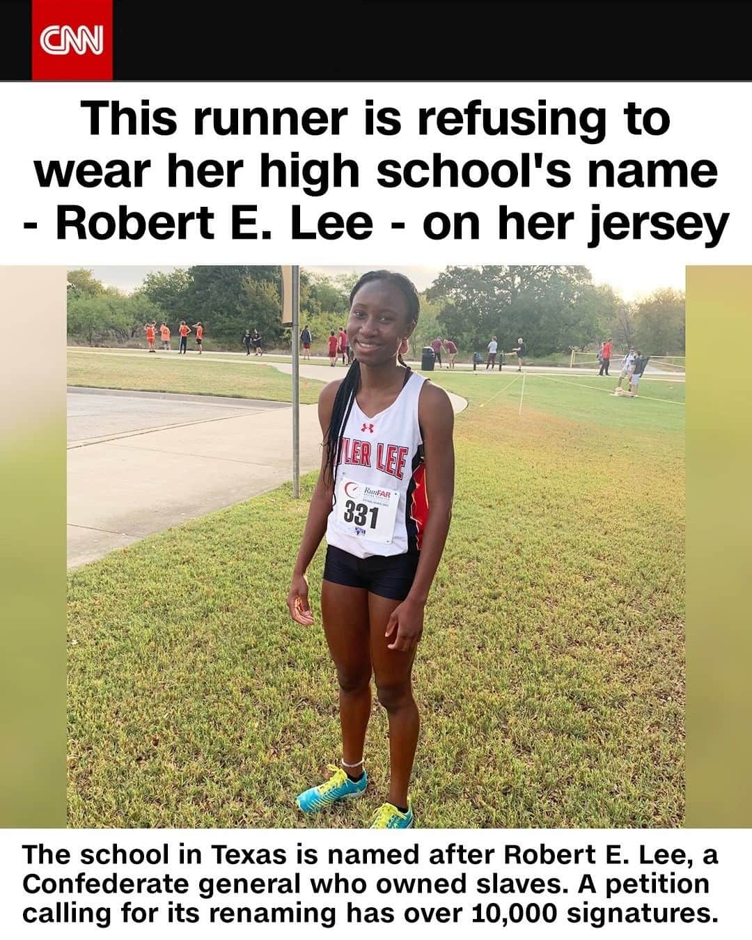 CNNさんのインスタグラム写真 - (CNNInstagram)「Trude Lamb has won countless medals for her high school's cross country team, but with each victory and celebratory picture, she is painfully reminded of the name that runs across her chest: Lee, honoring Confederate general Robert E. Lee. Now, she's demanding change. She wrote a letter to the school board in Tyler, Texas, saying she won’t wear the school's jersey until the school is renamed. "I can't be playing sports, supporting, and going to a school that was named after a person who was against my people right here in the United States. (Lee) owned slaves and didn't believe people like me were 100% human," wrote Lamb. (📸: Laura Owens)」6月25日 23時00分 - cnn