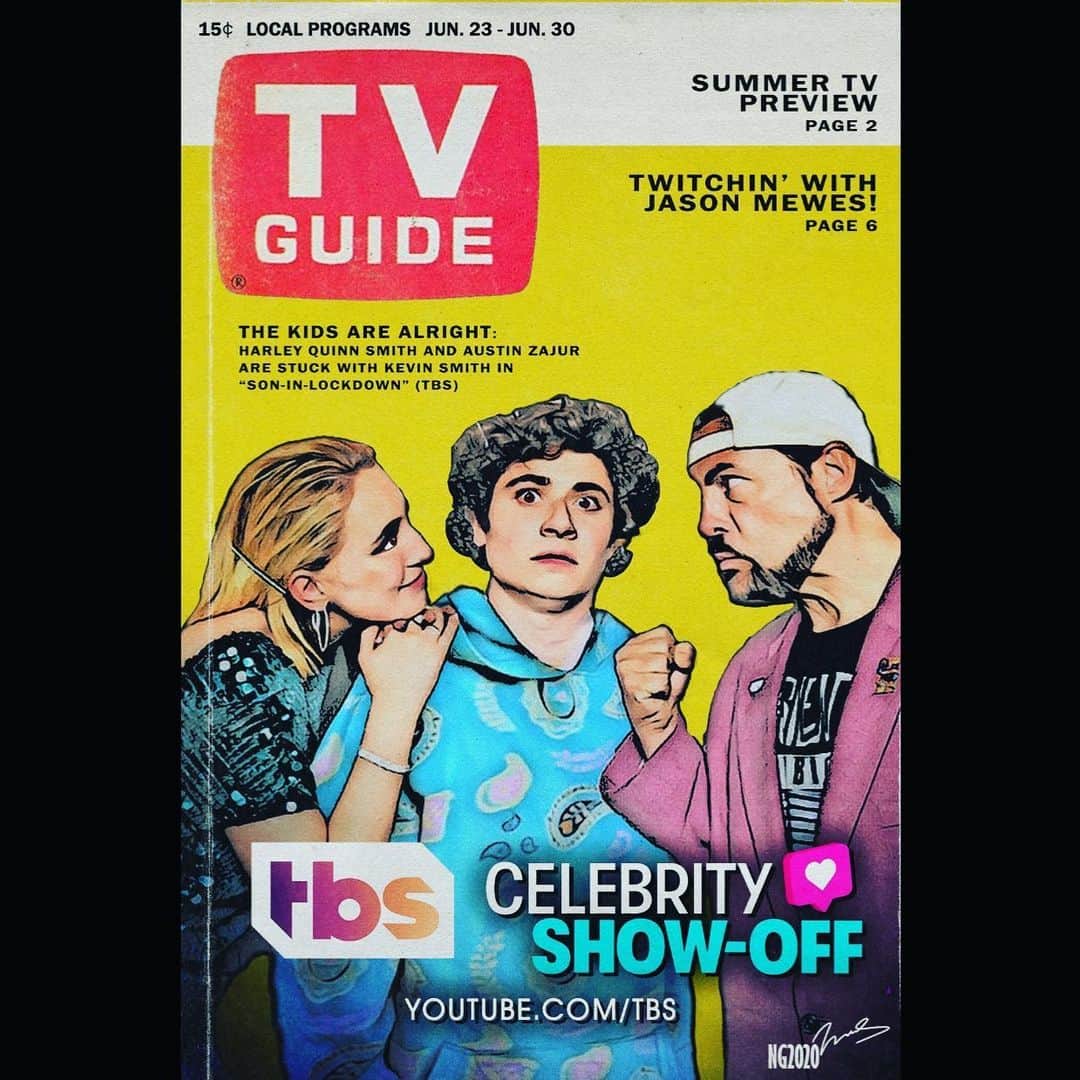 ケヴィン・スミスのインスタグラム：「To see SON-IN-LOCKDOWN Episode 2, click the link in my bio above! Been having a blast shooting a silly show for the @tbsnetwork, @missmayim hosted competition @celebshowoff with @harleyquinnsmith, @austinzajur, @jenschwalbach, and guest star neighbor @jaymewes! We made it to the second level with @jason_mraz, @bellathorne, and @jarule, and this week they added newcomer @torispelling. But the longer I stay in the game, the more money I earn for @nbjconthemove! So I need your views! Click the link in my bio and keep me in the running! Big thanks to @thedarknatereturns for the awesome art! It took me right back to my childhood, when @tvguidemagazine was a weekly highlight in my house, with my Dad reading it from cover to cover. (The photo Nate used was a snap Harley, Austin and I took at the @jayandsilentbob Reboot premiere back in October.) #KevinSmith #celebrityshowoff #tbs #tv #tvguide」
