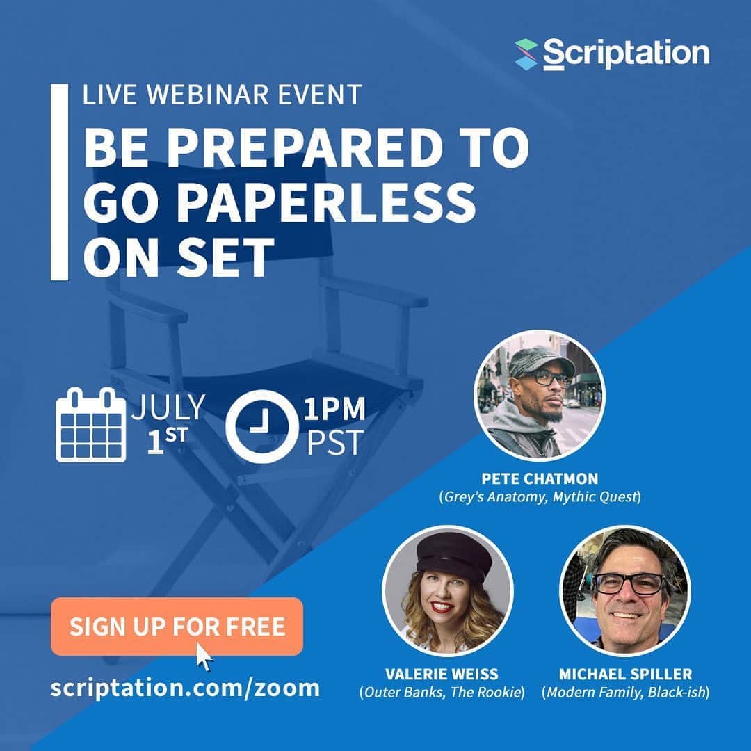 ロブ・モローのインスタグラム：「Are you prepared for paperless production?  Reserve your seat at the FREE Scriptation Webinar! Join award-winning directors Pete Chatmon (Grey’s Anatomy, Mythic Quest), Valerie Weiss (Outer Banks, The Rookie), and Michael Spiller (Modern Family, Black-ish) as they discuss how Scriptation can empower you to navigate the new world of digital scripts, shorter work days, remote collaboration, and social distancing without compromising your production workflow.  Register today: scriptation.com/zoom」