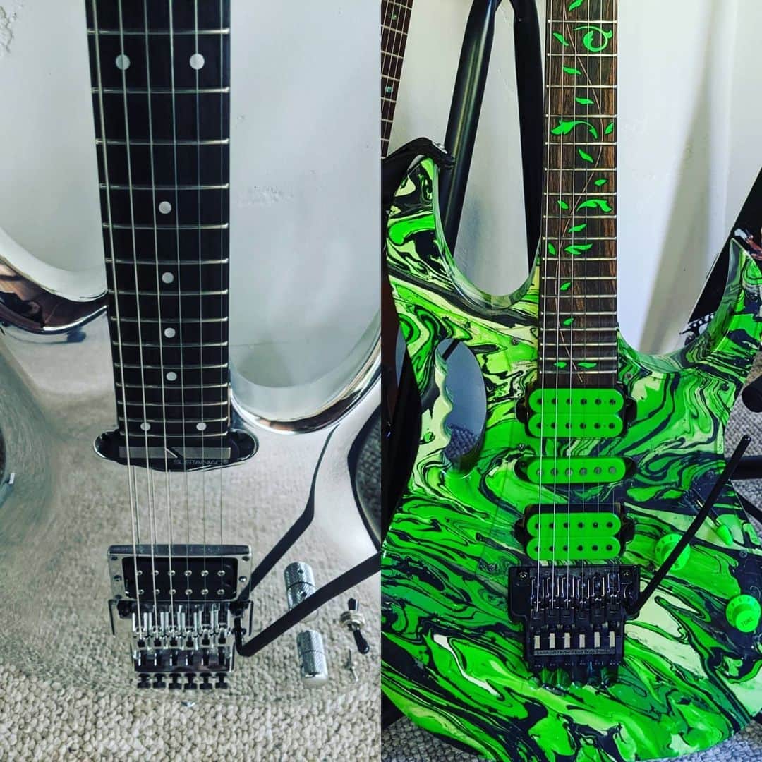 ハーマン・リさんのインスタグラム写真 - (ハーマン・リInstagram)「Two iconic guitars, this time an even battle. Which one would you pick? 🤔 @joesatriani JS 30th Chromeboy vs @stevevaihimself Jem77 GMC - Green Swirl from 1990! Probably the toughest decision yet! 🤘😍🎸 . .  #dragonforce #hermanli #guitar #guitarsolos #guitarsolo #ibanez #ibanezguitars #vintageibanez #vintageguitar #guitarporn #guitarras #guitarcollection #joesatriani #stevevai」6月26日 1時35分 - hermanli