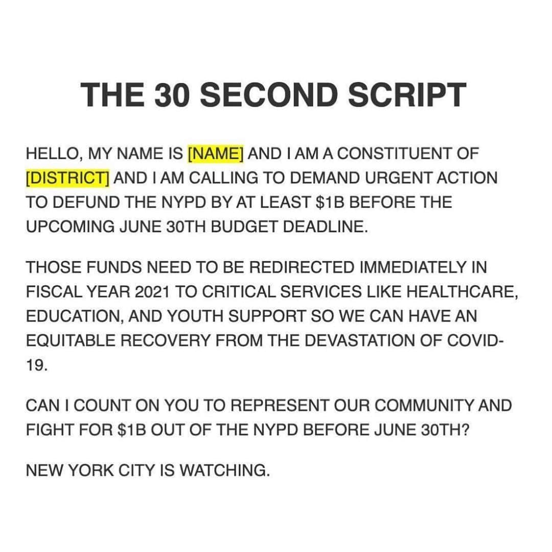 タヴィ・ゲヴィンソンのインスタグラム：「New Yorkers: calls to make TODAY! The City Council’s deadline for the budget for Fiscal Year 2021 is Tuesday but they could finalize it before then! 🔸 I am taking my cues from @vocalnewyork @bkmovement and the many orgs under @changethenypd 🔸 1. Use this script to: 2. Call your Council Member at this website (link in bio) 3. Call these Council Members, who haven’t yet committed to @changethenypd’s demands but are considered persuadable (I got this from @jfrejnyc who have been tracking Council Members’ positions) 4. Call @nycmayor. *Scratch my note about the tally. As of 6/26 this # goes to 311. You can leave a comment (be prepared to make it under 50 words) or email it by going to tinyurl.com/deblasioemail 5. Join the protests at City Hall and/or follow @occupycityhall @vocalnewyork for updates on ways to support them. Such as... 6. Donating meals to protestors via @nourishnyc! 🔸 Today! Share far and wide! Keep the pressure on @nyccouncil @coreyjohnsonnyc @nycmayor! 🔸 #DefundNYPD #NYCbudgetjustice #OccupyCityHall #OccupytoDefundNYPD #investincommunities」