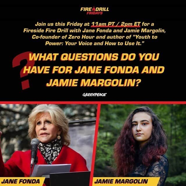 ジェーン・フォンダさんのインスタグラム写真 - (ジェーン・フォンダInstagram)「Repost from @firedrillfriday • If you have questions for @janefonda Fonda and @jamie_s_margolin tomorrow, submit them below. 👇 👇 Don’t forget to RSVP at the link in our bio either. @greenpeaceusa」6月26日 2時32分 - janefonda