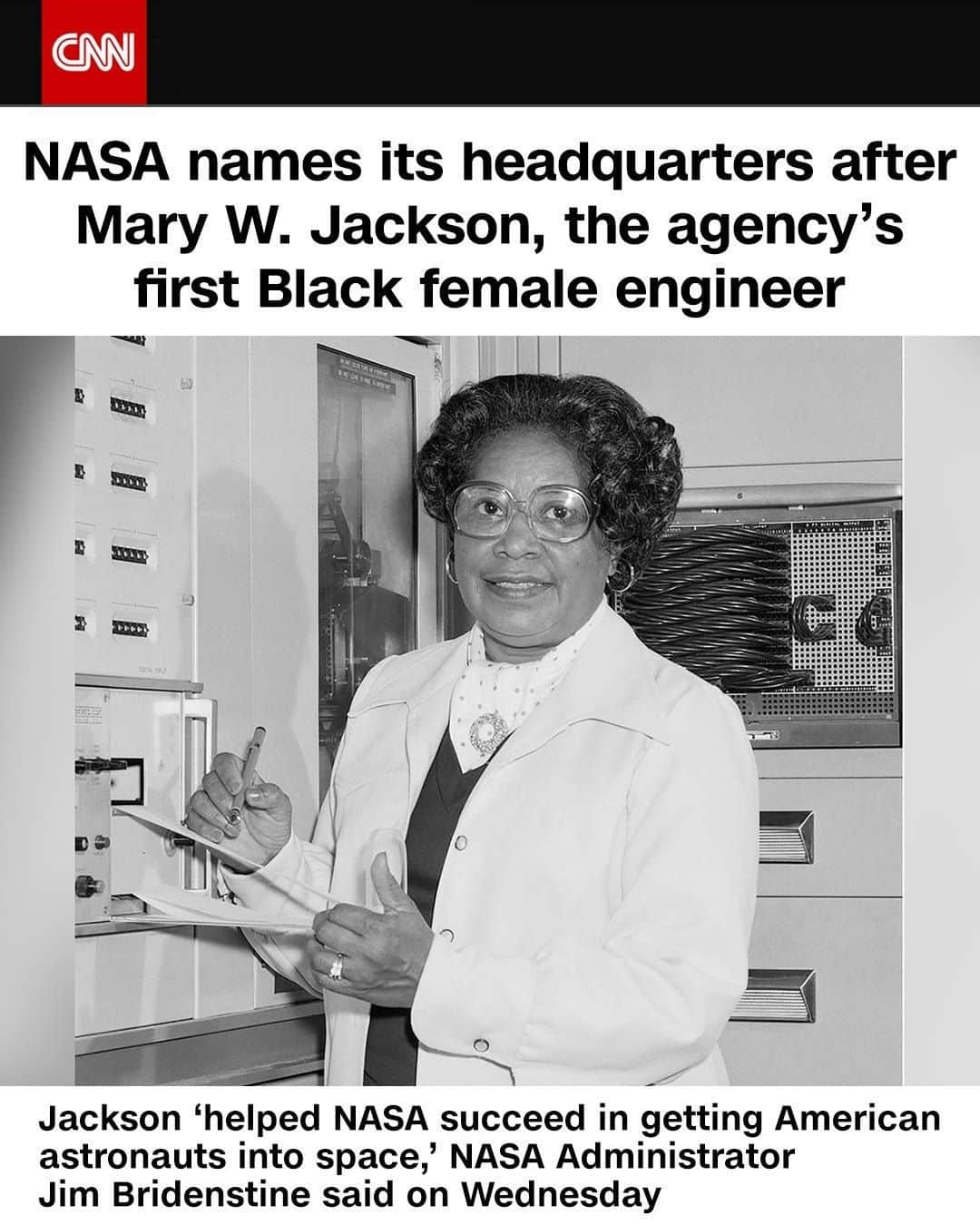 CNNさんのインスタグラム写真 - (CNNInstagram)「NASA is renaming its headquarters after Mary W. Jackson, the agency’s first African American female engineer who helped inspire the story behind the book and film “Hidden Figures.” “Mary never accepted the status quo, she helped break barriers and open opportunities for African Americans and women in the field of engineering and technology,” NASA Administrator Jim Bridenstine said Wednesday. Jackson led programs aimed at uplifting women within NASA. She retired from NASA in 1985 and passed away in 2005, at the age of 83. (📸: @nasa)」6月26日 4時00分 - cnn