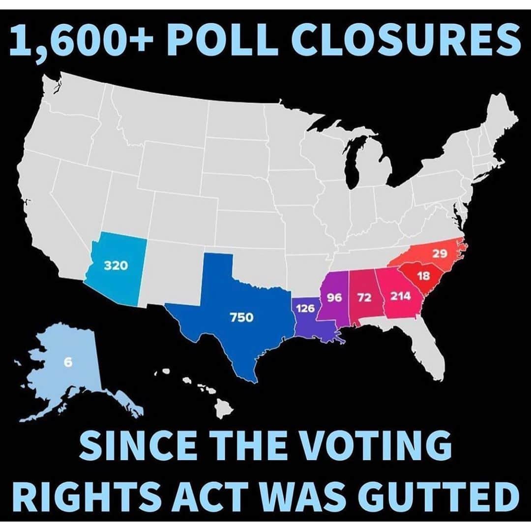 エリック・クリスチャン・オルセンのインスタグラム：「This is a disgrace to democracy and humanity. Repost @rbreich Today marks 7 years since the Supreme Court gutted the Voting Rights Act. Since then, states with a history of voter suppression have closed 1,688 polling places throughout the South. Of course, most of the poll closures are in predominately Black communities. It couldn't be more blatant. Map from  @motherjonesmag」
