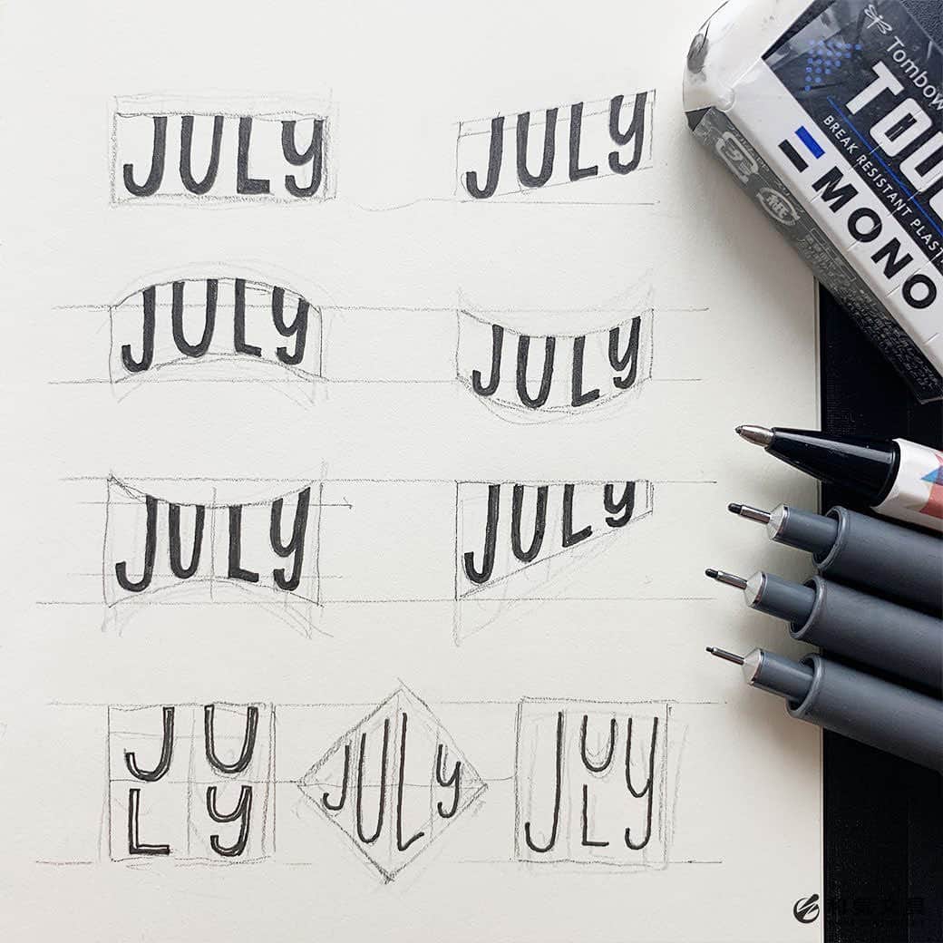 文房具の和気文具さんのインスタグラム写真 - (文房具の和気文具Instagram)「今回は色んな形で『JULY(7月)』を書いてみました。形を変えると雰囲気が変わるのが面白いですね～。 ・ 鉛筆でざっくり下書き。まずはピグメントライナー0.5で文字を線で書き、次に0.1で縁取り。0.3～0.5で中を塗りつぶしました。 ・ 単語を変えて他のタイトルにも応用して楽しんでみてくださいね♪ ・ #文房具好き #文具好き #文房具大好き #文房具好きな人と繋がりたい #文房具マニア #文房具屋 #文具店 #文具女子 #文具好朋友 #手帳デコ #手帳タイム #手帳時間 #手帳好きさんと繋がりたい #日記デコ #notebooklover #stationeryholic  #和気文具 #手帳テンプレート裏向きに使ってしもた」6月26日 11時44分 - wakibungu