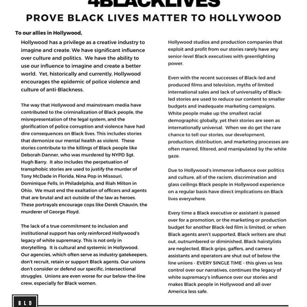 アンナ・パキンさんのインスタグラム写真 - (アンナ・パキンInstagram)「#Repost @bldpwr ・・・ In light of continued systemic, brutal murders of Black people, over 300 powerful members of the Black community in Hollywood are standing together with @mvmnt4blklives, a coalition of community-based organizations including @blklivesmatter @blmlosangeles @osopepatrisse @docmellymel from all over the country to put together a letter and a list of demands calling on Hollywood to make bold moves toward liberation and institutional support. . "We need to do better" - #KendrickSampson, Cofounder of BLD PWR . . View the full letter, demands and a list of supporters on www.BLDPWR.com  Link in Bio . .  #DefundthePolice  #Hollywood4BlackLives #BlackLivesMatter #BLM #ReimaginePublicSafety #BLDPWR」6月26日 12時56分 - _annapaquin