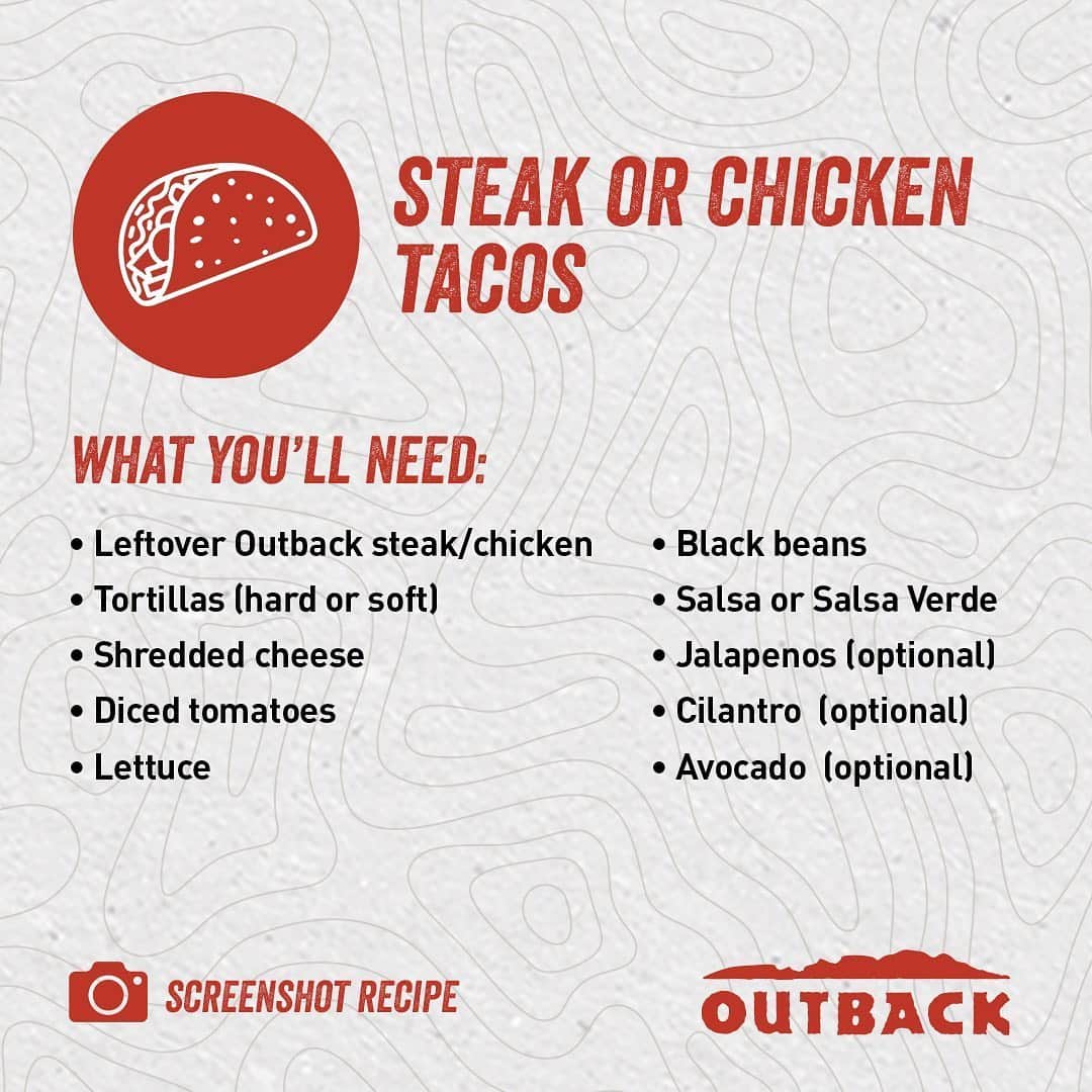 Outback Steakhouseさんのインスタグラム写真 - (Outback SteakhouseInstagram)「Check out our latest Leftover Hack, where we show you how to spice up your Outback leftovers and turn them into Steak or Chicken Tacos.」6月27日 0時45分 - outback