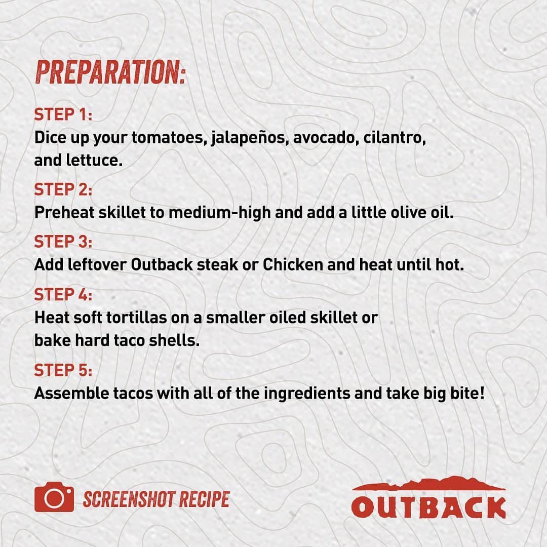 Outback Steakhouseさんのインスタグラム写真 - (Outback SteakhouseInstagram)「Check out our latest Leftover Hack, where we show you how to spice up your Outback leftovers and turn them into Steak or Chicken Tacos.」6月27日 0時45分 - outback