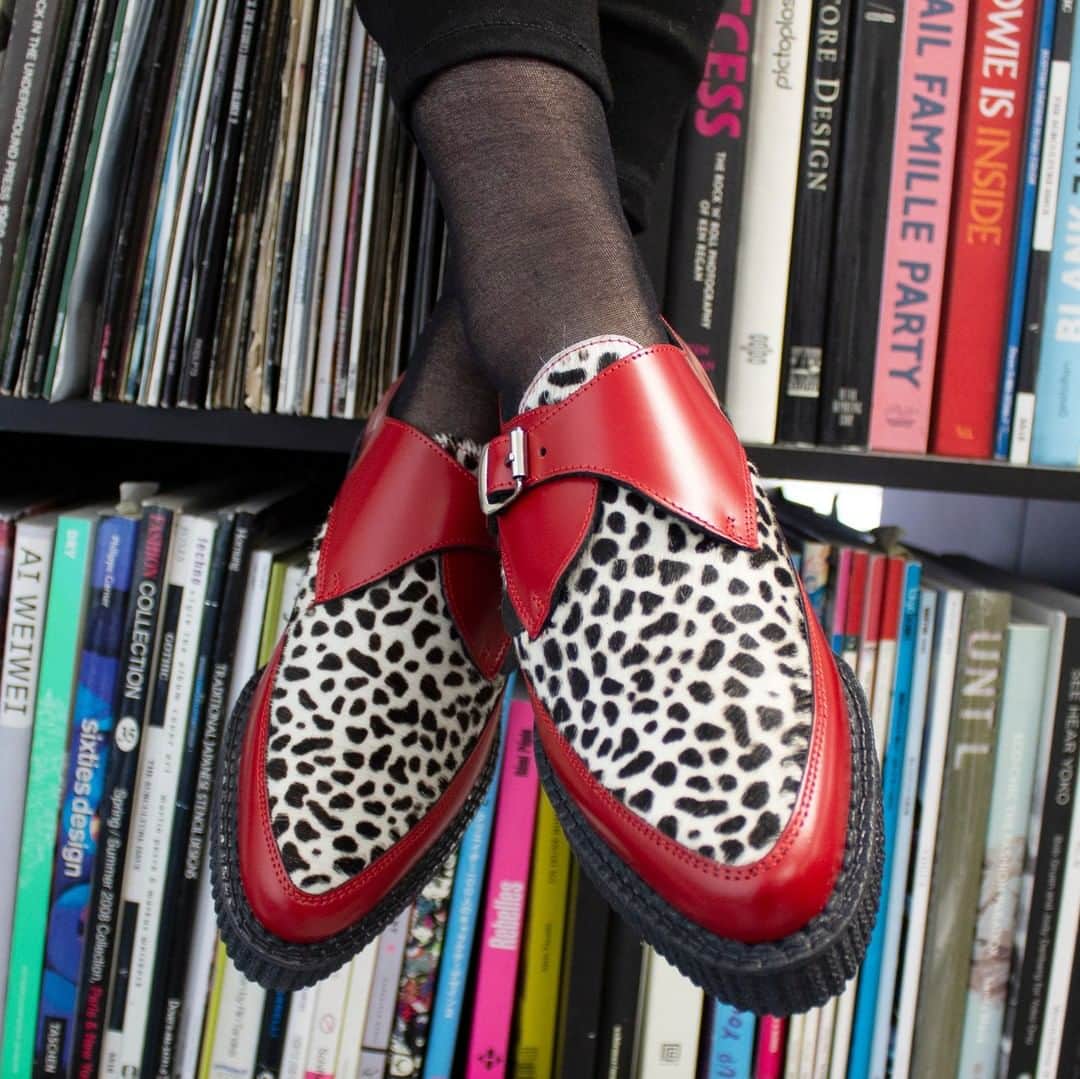 アンダーグラウンドのインスタグラム：「The Original Apollo Creeper- this limited numbers version in red leather with a leopard print "pony " apron. Also available in blue and green leather from our online store.⁠ ⁠ ⁠ **Step by step we work to improve our environmental footprint. As an independent company we can use our freedom to select products from ethical and local suppliers and we are able to commit to small batch production.These Apollo are manufactured in a family owned factory- not made in a sweatshop but handcrafted in a workshop**」