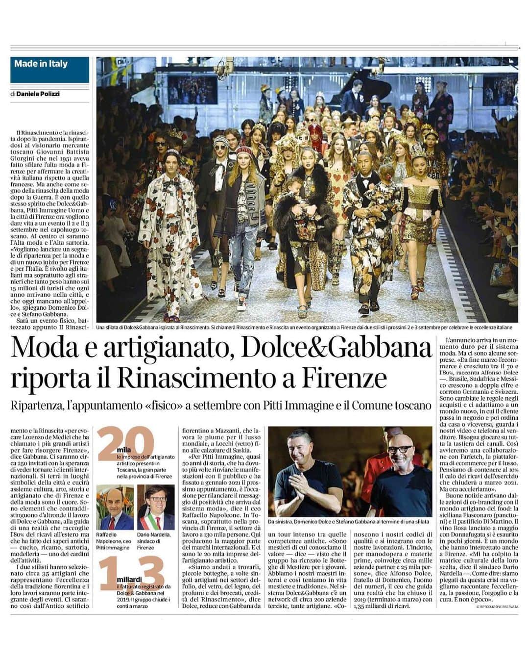 ドルチェ&ガッバーナさんのインスタグラム写真 - (ドルチェ&ガッバーナInstagram)「⁣⠀ ⁣⁣Fashion and craftsmanship, Dolce&Gabbana brings the Renaissance to Florence.⠀⠀⠀ ⠀⠀ A new beginning, the physical event in September with Pitti Immagine and the Tuscan city. @corriere⠀⠀ ⠀⠀ #DolceGabbana⠀ ⠀ @pittimmagine @pittiuomo_official」6月27日 1時06分 - dolcegabbana