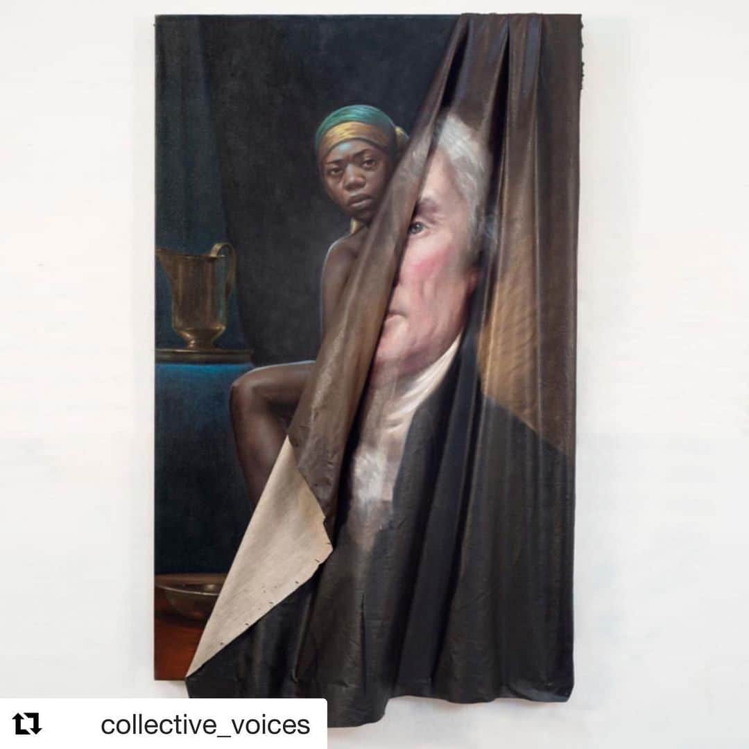 レイ・アレンのインスタグラム：「This painting by Titus Kaphar is called "The Myth of Benevolence".⁠ ⁠ It rolls back the curtain (canvas) on Thomas Jefferson, the third president of the United States, and Sally Hemings, an enslaved woman.⁠ ⁠ It reveals how the real history of America has been whitewashed.⁠ ⁠ Sarah "Sally" Hemings was part of the "inheritance" Martha (Thomas Jefferson's wife) received from her father.⁠ ⁠ Sally Hemings was 2 years old when she was brought to Monticello (Jefferson's home) with her mother Betty Hemings. One of six children Martha's father had with Betty.⁠ ⁠ It was common practice for plantation owners to have as many children as they wanted with their slaves.⁠ ⁠ Sally was 9 years of age when her half-sister - Martha, died in 1782.⁠ ⁠ It's not clear when Thomas Jefferson started to rape Sally Hemings. The first records appear to be when he brought her to Paris, as the US Minister to France. He 44, she was 14 years old.⁠ ⁠ Jefferson had six children with Sally Hemings. She was 14 when their first child was born.⁠ ⁠ For many years US government authorities, historians and Jeffersons white ancestors strenuously denied it, until DNA evidence proved otherwise.⁠ ⁠ Once the DNA evidence proved to be conclusive, then was born the myth of how Sally was Jeffersons lover. This lie continues to be embroidered to this day in "romantic" articles, novels and movies.⁠ ⁠ Sally was neither his mistress or his lover.⁠ ⁠ She was his property.⁠ ⁠ Jefferson kept Hemings enslaved — and Jefferson also enslaved their children, freeing them one by one only as they came of age.⁠ ⁠ Let that sink in for a minute.⁠ ⁠ Why didn't Jefferson free her? Not even on his death bed in 1826. Sally remained a slave on the Jefferson plantation until she died in 1835.⁠ ⁠ The next time you see videos of a shop being looted, think.⁠ ⁠ Think about what has been stolen by white America, for hundreds of years.⁠ ⁠ Think about the word "property".⁠ ⁠ Think about how many Americans still view African Americans as "outsiders" and inferior.⁠ ⁠ There is more under the canvas of America than we can even begin to imagine. Jefferson owned 609 slaves.⁠ @collective_voices #timetowakeup #learntherealhistory #mtnomore ⁠」