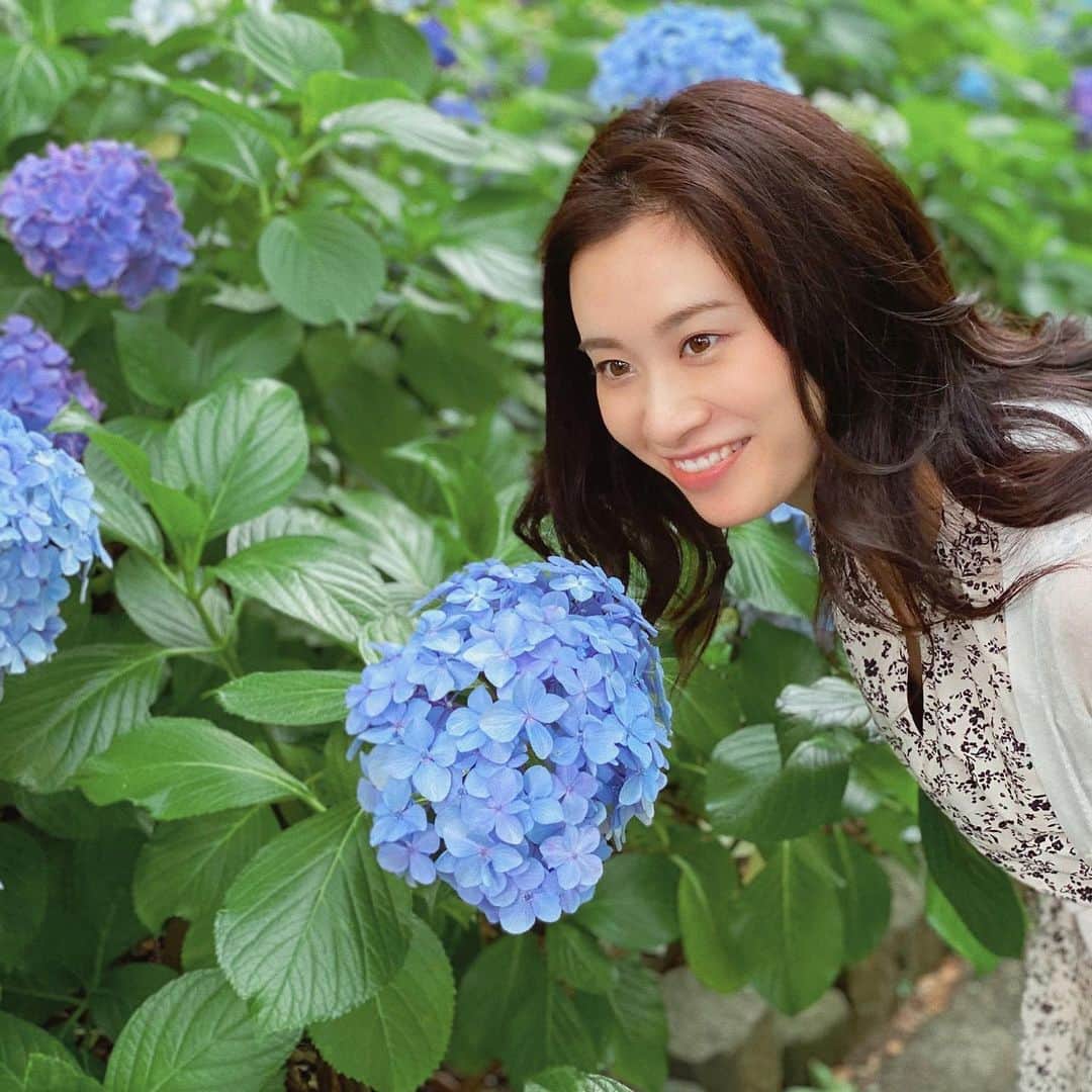 鈴木芳奈のインスタグラム：「「あじさいとわたし」  #紫陽花 #あじさいの季節 #あじさい園 #去年から毎年この季節にあじさい観に行っているの #綺麗だけど近づくと虫さんたちもいっぱいいた 😏」