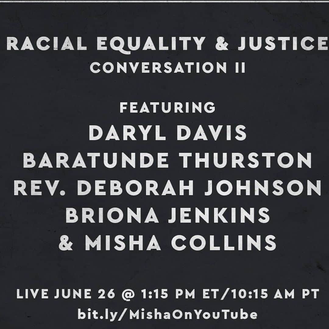 ダニール・ハリスのインスタグラム：「Please don’t miss this!!! Tell your friends and family...share this!!! These conversations are so important🖤👉Join Misha Collins as he passes the microphone for a conversation on Racial Equality TODAY at 1:15pm ET/ 10:15am PT with @revdeborahjohnson @realdaryldavis @baratunde and @brionajenkins The link is in my Bio! See you there! #passthemic #blacklivesmatter」