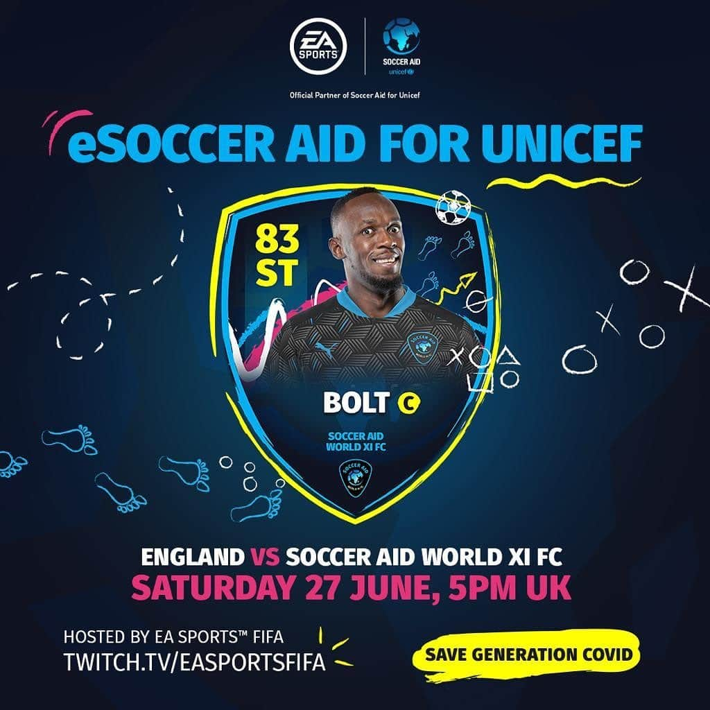 ウサイン・ボルトさんのインスタグラム写真 - (ウサイン・ボルトInstagram)「I’m playing in eSoccer Aid on Saturday! 🎮⚽ @SoccerAid for @unicef_uk have teamed up with @EASPORTSFIFA to help stop impact of coronavirus on children’s lives  Info here 👉 www.socceraid.org.uk/esocceraid」6月27日 2時26分 - usainbolt