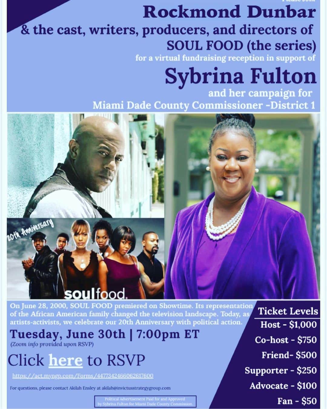 ロックモンド・ダンバーのインスタグラム：「#💪🏾❤️👍🏾 It’s Our Anniversary! SOUL FOOD (the series): 20 Year Anniversary! Felicia D. Henderson and the cast, writers, producers, and directors of  Invite You to Join Us for the Kick-Off of Our 20 year Anniversary "Sybrina Fulton for Miami-Dade County Commission" Awareness and Activation Campaign  Twenty years ago, SOULFOOD, the ground-breaking TV drama, changed the television landscape.  Today, as artists-activists, we're celebrating our 20th anniversary through social activation for Sybrina Fulton and other local candidates around the country. Come and listen to Sybrina share the many reasons she is running for Miami-Dade's County Commissioner.  Why candidates like her, who understand racial violence against Black people on a very personal level of loss, must have a seat at the table.  She is committed to eradicating institutionalized racism and so are we.  Come hear how the poignant moments from the series still have great impact today.  Ask questions, show your appreciation, and commit to personal activation! Tuesday, June 30th 4:00 pm Pacific/7:00 pm Eastern (Zoom info provided upon RSVP)  PLEASE DONATE  TO:  https://act.myngp.com/Forms/4477342466062617600  @FollowFeliciaD @Malinsworld @ImVanessaWilliams @BorisKodjoe @NicoleAriParker @IAmDarrinDHenson @RockmondDunbar @tvseriessoulfoodAaronMeeks @MonsieurDirector @ByrdJeff @TraceyeEdmonds #CharlesDHolland @ZeeScott @George_Tillman @BobTeitel @Karksta @KenyaBarris #WendyCoulas @EricHaywood」