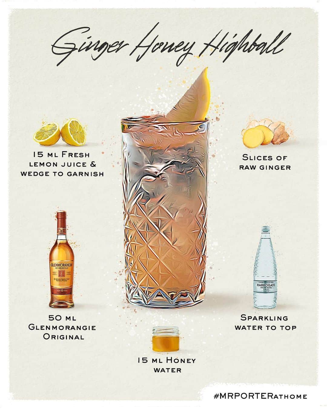MR PORTERのインスタグラム：「From the MR PORTER cocktail cart this week, a Ginger & Honey Highball. Long and refreshing, it’s our weekly gift to you - and, as always, the perfect way to toast the weekend. Cheers all 🍹  50ml @glenmorangie Original (or another Single Malt of your choice) 15ml fresh lemon juice 15ml honey water* Sparkling water to top up Lemon wedge slices and raw ginger *Honey water: combine 3 parts honey and 1 Part water (3:1)」