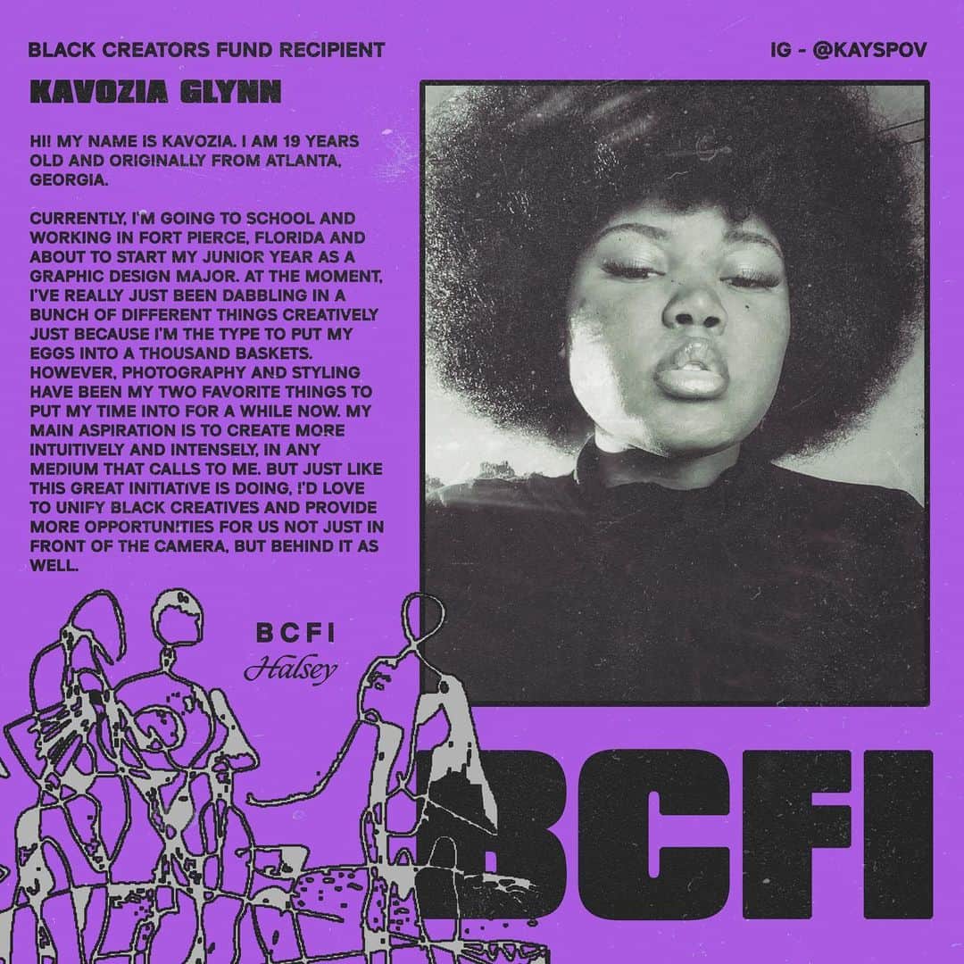 Halseyのインスタグラム：「#BLACKCREATORSFUND Name: KaVozia Glynn  IG: @kayspov  Bio: Hi! My name is KaVozia. I am 19 years old and originally from Atlanta, Georgia. Currently, I’m going to school and working in Fort Pierce, Florida and about to start my junior year as a graphic design major. At the moment, I’ve really just been dabbling in a bunch of different things creatively just because I’m the type to put my eggs into a thousand baskets. However, photography and styling have been my two favorite things to put my time into for a while now. My main aspiration is to create more intuitively and intensely, in any medium that calls to me. But just like this great initiative is doing, I’d love to unify black creatives and provide more opportunities for us not just in front of the camera, but behind it as well.」