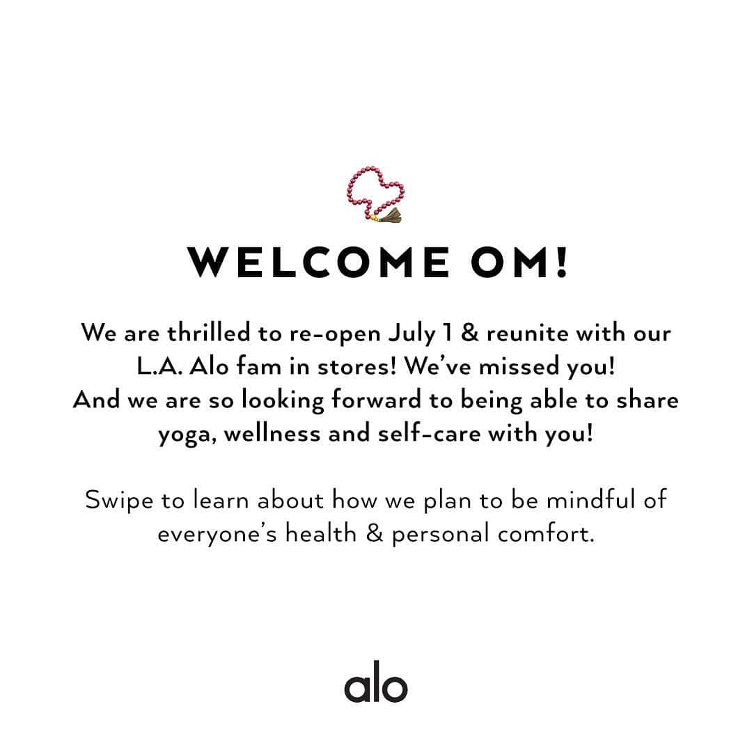 ALO Yogaさんのインスタグラム写真 - (ALO YogaInstagram)「WELCOME OM, LA ALO FAM 💕 We’re so excited to announce that our LA stores will be reopening on July 1st!✨ We’ve missed this community so much and we’re so excited to see you! We’re taking all of the precautionary steps to be mindful of everyone’s health and personal comfort! Swipe for more info!💜」6月27日 4時42分 - aloyoga