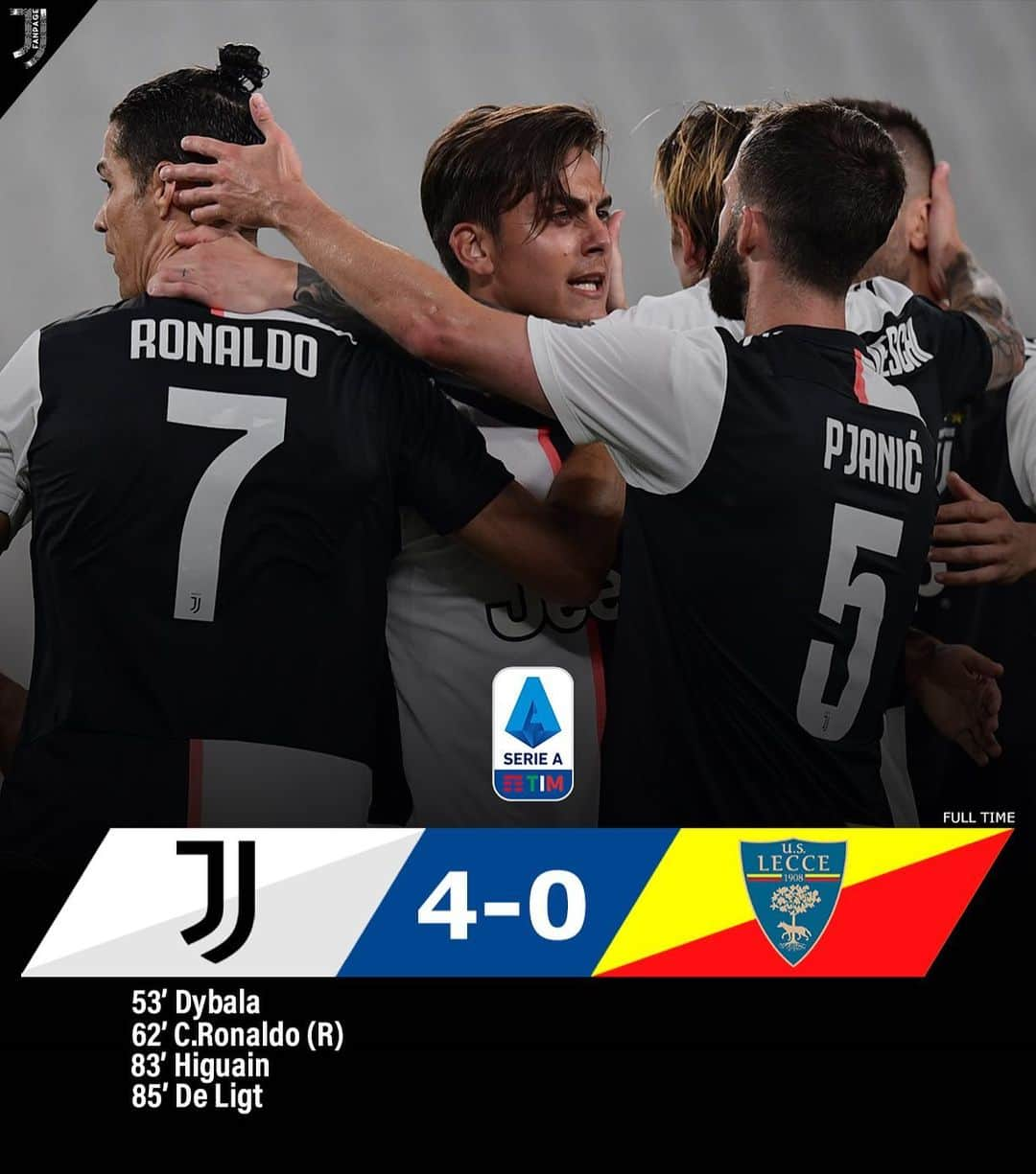 ポール・ポグバさんのインスタグラム写真 - (ポール・ポグバInstagram)「#JuveLecce 4-0!  Un secondo tempo di qualità regala altri 3 punti ai Bianconeri. Torna in campo il #Pipita e trova il goal! Segna anche #DeLigt 😍」6月27日 6時49分 - juvefanpage