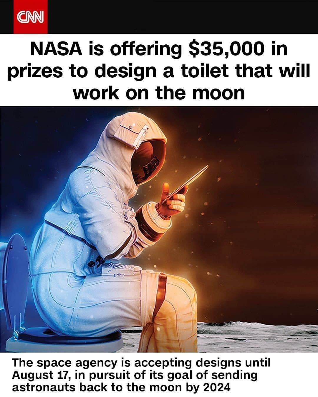 CNNさんのインスタグラム写真 - (CNNInstagram)「NASA is offering $35,000 in prizes to design a toilet that can be used on the moon, in pursuit of its goal of sending astronauts back to the moon by 2024. The toilet should support a two-person crew for 14 days, conserve water, be easily cleanable, work in both the microgravity of space and the low-gravity environment of the moon and contain odors and other contaminants, among other guidelines. The deadline for submitting designs is August 17 and the winners of the $20,000 top prize, $10,000 second place prize, and $5,000 third place prize will be announced in October. (📸: @nasa /HeroX)」6月27日 8時00分 - cnn