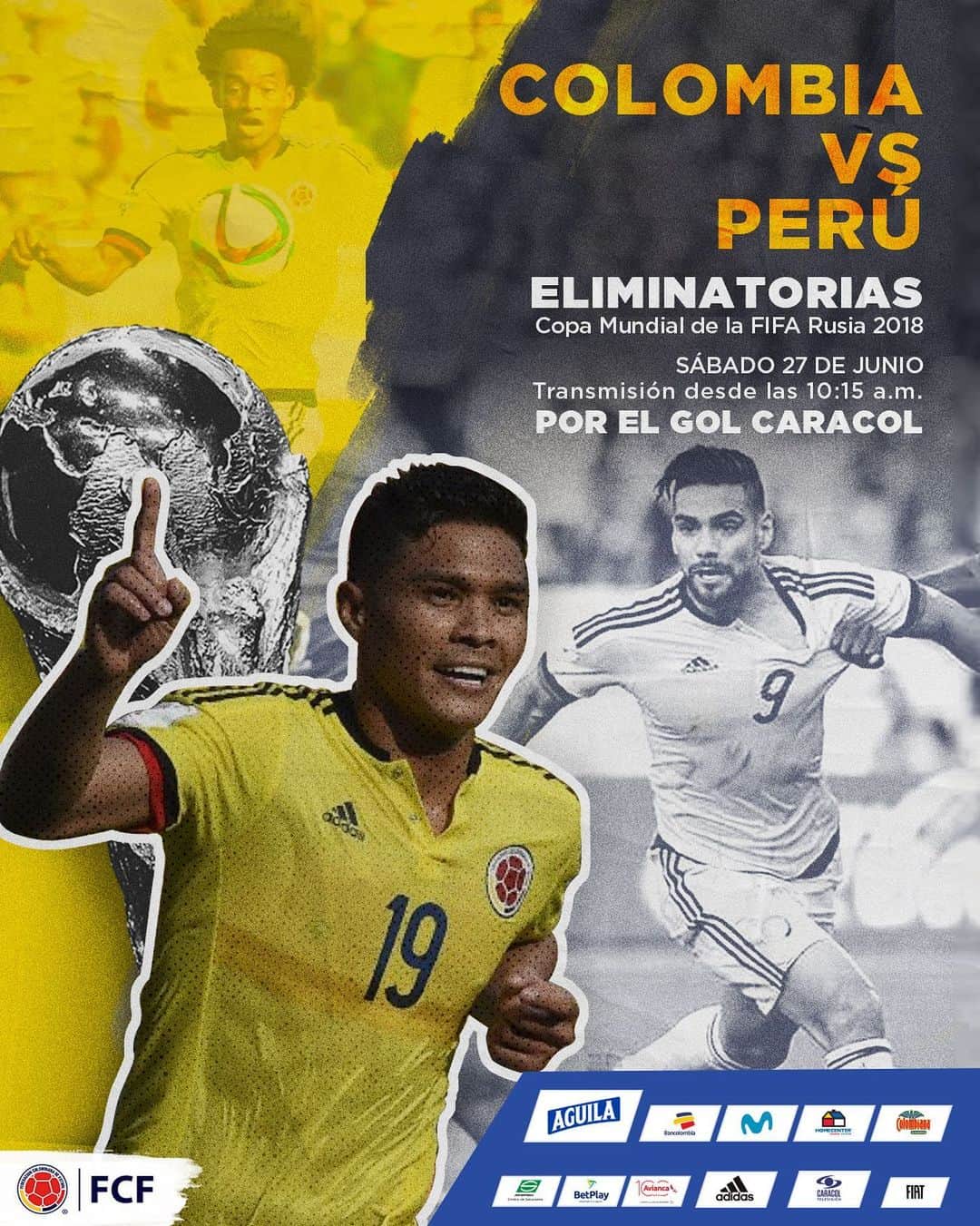 サッカー コロンビア代表チームのインスタグラム：「¡Rumbo a un nuevo Mundial con el pie derecho!  Repite el debut 🆚 Perú en Barranquilla por las Eliminatorias a Rusia 2018 🇨🇴 . . . 🏆 Eliminatorias Copa Mundial de la FIFA 2018 🆚 Perú 🗓 Sábado 27 de junio ⏱ 10:15 a.m. 📺 @golcaracol . . .  #EnModoEliminatorias #ViveElGolCaracol」