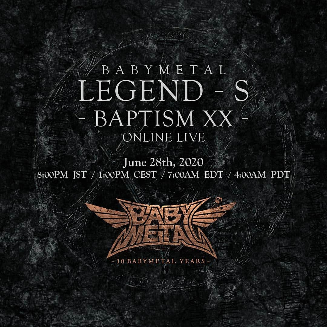 BABYMETALさんのインスタグラム写真 - (BABYMETALInstagram)「LEGEND - S - BAPTISM XX - ONLINE LIVE  is tomorrow 8PM June 28th (JST). We distribute a proof of the BAPTISM (SNS icon) to attendees.  Join us tomorrow on BABYMETAL YouTube channel.  LEGEND - S - BAPTISM XX - ONLINE LIVE 明日6/28 20時開催！ 洗礼の儀の立会人の皆様には「洗礼の証（SNSアイコン）」をお配り致します。 当日は「洗礼の証（SNSアイコン）」をご着用の上ご出席下さい。  #BABYMETAL #ONLINELIVE」6月27日 14時59分 - babymetal_official