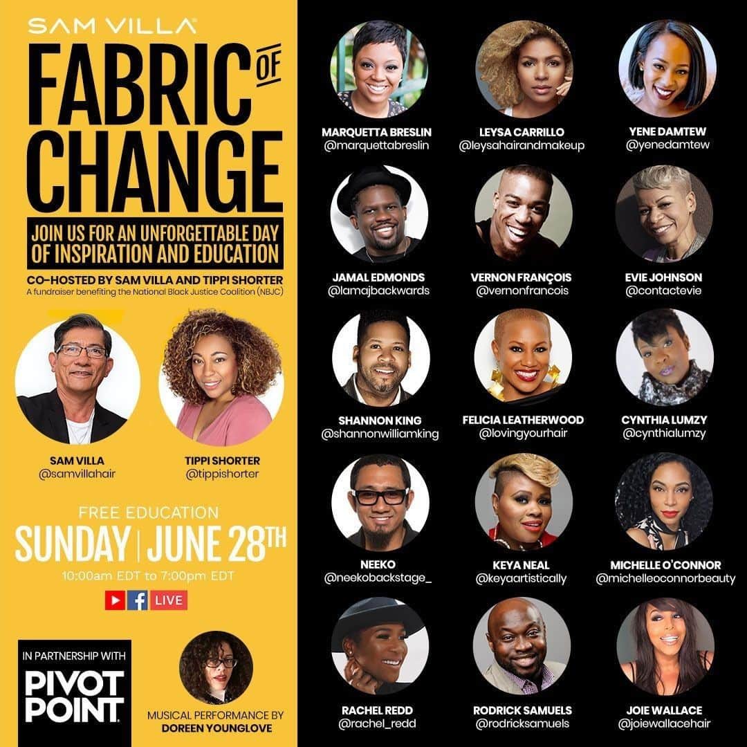 Sam Villaさんのインスタグラム写真 - (Sam VillaInstagram)「Don't forget to tune in tomorrow, Sunday, June 28th for FABRIC OF CHANGE: An Unforgettable Day of #Inspiration and Education. Co-hosted by #SamVilla and @mizani Global Artistic Director Tippi Shorter / @tippishorter . This is a fundraiser benefiting @nbjconthemove . The National Black Justice Coalition (NBJC) is a civil rights organization focused on empowering Black #LGBTQ & SGL people.⠀ ⠀ ⠀⠀ ⭐️ For reminders and up-to-date artist details, RSVP through the link in our bio! ⭐️ Brought to the #SamVillaCommunity in Partnership with @pivotpointintl .」6月28日 0時02分 - samvillahair