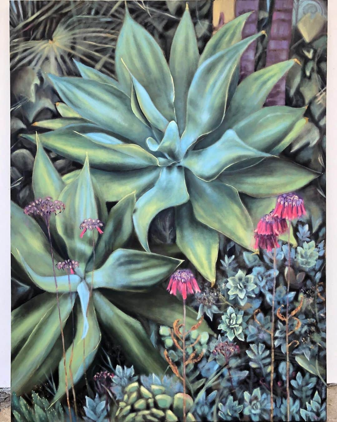 アンドリュー・J・ウェストのインスタグラム：「Kenmore Ave. 30”x40”. ‘Finished,’ although as long as it’s hanging around the house it’s probably susceptible to more poking and prodding. #oilpainting #oiloncanvas #agave #desertplants」