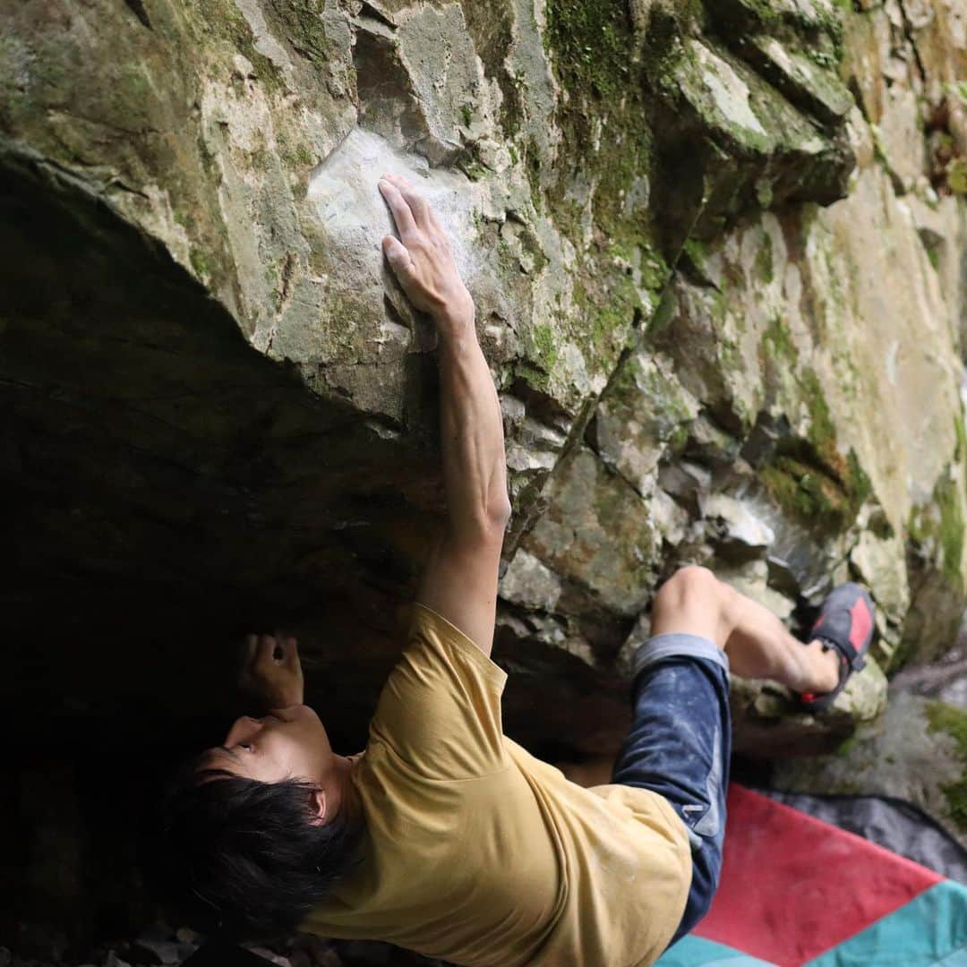 濱田健介のインスタグラム：「Today, I send another new problem in the same boulder that I climbed last week. I think it was around V10? It was small but fun. 今日も梅雨の晴れ間ってことで岩へ。 こないだ登ったラインの右に悪そうなスローパーを押さえ込んでいくラインが見えたのでトライ。最初はスローパーに絶望しか感じなかったけど、だんだん慣れてきて何とか登れた。 ぬめってたしよくわからんけど、3段くらいあるんちゃう？？高さもないしショボいけど、楽しかった。 まあ、いい岩なんてそうそうありませんからなー。 @rockmasterhq  @organicclimbing  @unparallelup  @nogradjustfeeling  @camp1889」