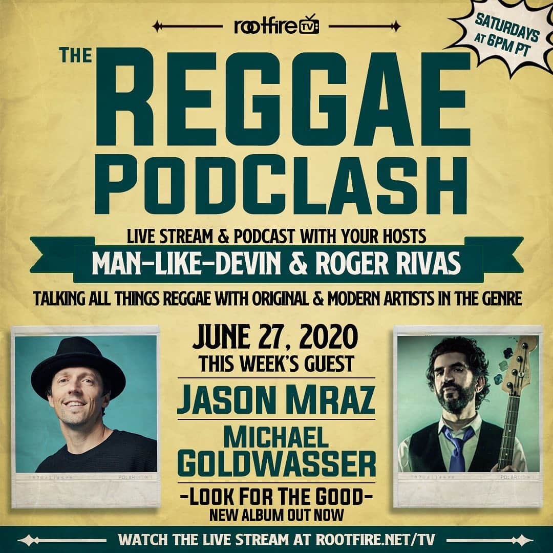 ジェイソン・ムラーズさんのインスタグラム写真 - (ジェイソン・ムラーズInstagram)「Tonight I’ll be joining @goldswagger_ for @TheReggaePodclash hosted by @manlikedevin & @reggae_rog. Join us live at 6pm PT and leave your questions for us in the livestream! (Link in Story)  #ReggaePodclash #Rootfire #JasonMraz #MichaelGoldwasser」6月28日 2時58分 - jason_mraz