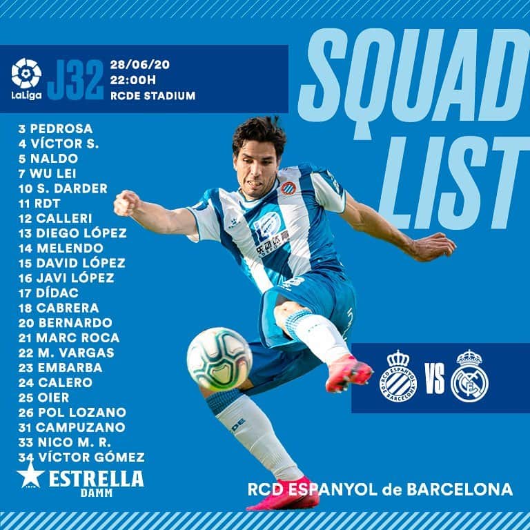 RCDエスパニョールさんのインスタグラム写真 - (RCDエスパニョールInstagram)「Llista de convocats 🆚 @realmadrid! ¡Lista de convocados 🆚 Real Madrid! Squad list 🆚 Real Madrid! 对阵皇马大名单！ - #EspanyoldeBarcelona | #RCDE | #EspanyolRealMadrid」6月28日 3時30分 - rcdespanyol