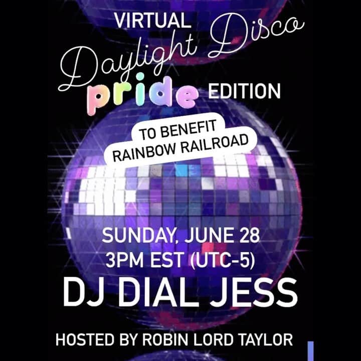 ロビン・ロード・テイラーのインスタグラム：「ATTENTION!!! Tomorrow I’m hosting a Daylight Disco to benefit @rainbowrailroad! The fabulous @dialjess will be dj-ing! We’re matching donations! Link in bio! See you there xxxxx❤️🏳️‍🌈❤️」