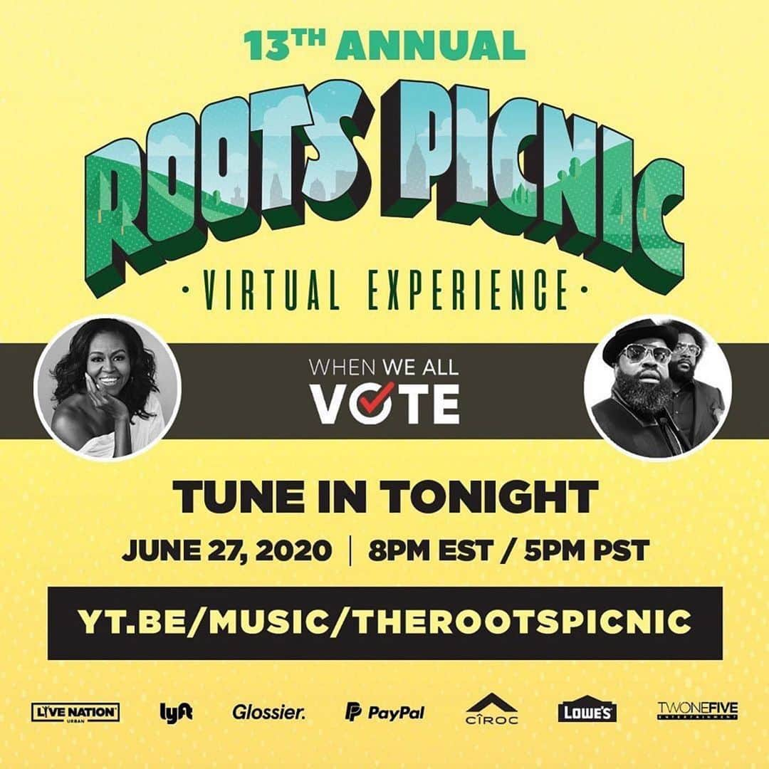 ミュージック・ソウルチャイルドさんのインスタグラム写真 - (ミュージック・ソウルチャイルドInstagram)「@rootspicnic⠀RIGHT NOW! #LinkInBio ・・・⠀ Tonight is the night! ⠀ ⠀ ✨ Join us as we celebrate the 13th annual @rootspicnic in partnership with @whenweallvote! ⠀ ⠀ ✨ Hosted by @michelleobama and @theroots, the show will kickoff tonight at 8pm EST/5pm PST exclusively on @youtube! ⠀ ⠀ Subscribe to @theroots YouTube and be sure to hit the link in THE ROOTS  bio to RSVP for tonight’s show!! ⠀ #LiveNationUrban #RootsPicnic #WhenWeAllVote」6月28日 9時05分 - musiqsoulchild