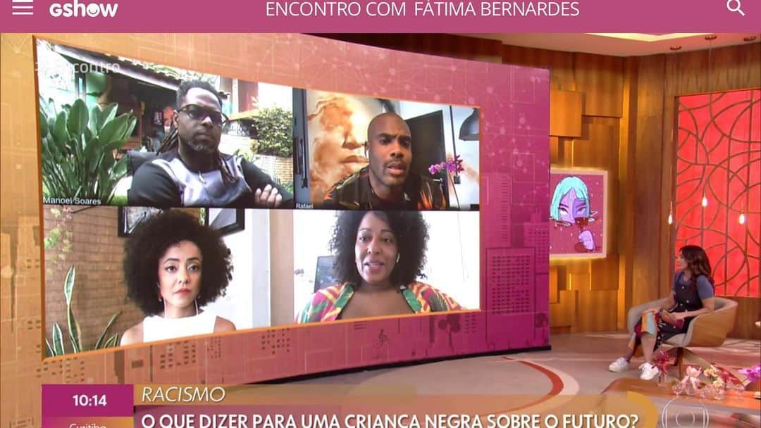 ファチマ・ベルナルデスのインスタグラム：「Hj no #encontrocomfatima refletimos sobre como o racismo está enraizado na nossa sociedade. E tb por que o assassinato de George Floyd, nos Estados Unidos, é um marco nessa luta antirracista. Muito bom poder ouvir meus parceiros @tiamaoficial , @valeria_almeida_reporter, @soumanoelsoares e ator  @rafaelzulu. Todos tinham muito a acrescentar a essa discussão.」