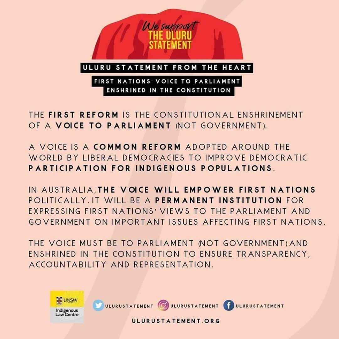 Victoria Leeさんのインスタグラム写真 - (Victoria LeeInstagram)「‘The Uluru Statement From The Heart’ has been created over 10 years, with 13 meetings held across the country, comprised of 300 signatures and has three themes in order to establish a First Nations Voice within the Australian Constitution. The themes are Voice, Treaty and Truth, which come together to ensure Aboriginal and Torres Straight Islander historic truths are told, voices are heard and that our First Nations have a rightful say in the way decisions are made and by whom within Australian Parliament. It was put to parliament in 2017 and was rejected. This must change. - Visit https://ulurustatement.org  to learn more and support the “movement of Australian people for a better future.” ❤️ @ulurustatement @scottmorrisonmp  #ulurustatementfromtheheart . Also read below, by Prof. Megan Davis; https://www.abc.net.au/religion/megan-davis-voice-to-parliament-our-plea-to-be-heard/11300474」6月5日 8時21分 - victorialee