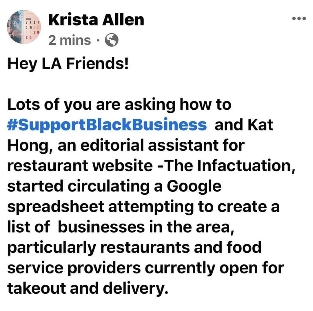 クリスタ・アレンのインスタグラム：「Y’all have been asking how to support black-owned businesses ... So ... here’s a start! ✨  The amazing  Kat Hong, an editorial assistant for @infatuation_la put together a spreadsheet with links and IG handles for tons of restaurants that are open for biz right now! -  You can find this glorious doc in the website link in my Bio under “❤️” Kat is continuously adding more delicious places to get good eats and stellar food service, so if there’s someone missing on the list, please let her know  @prosciuttogirl69  Talia Mayden @taliamayden is helping her maintain the doc so you can reach out there, too!  #share #supportblackbusiness #solidarity #goodeats #love #food #losangeles  #findyourcity #eatlocal #linkinbio」