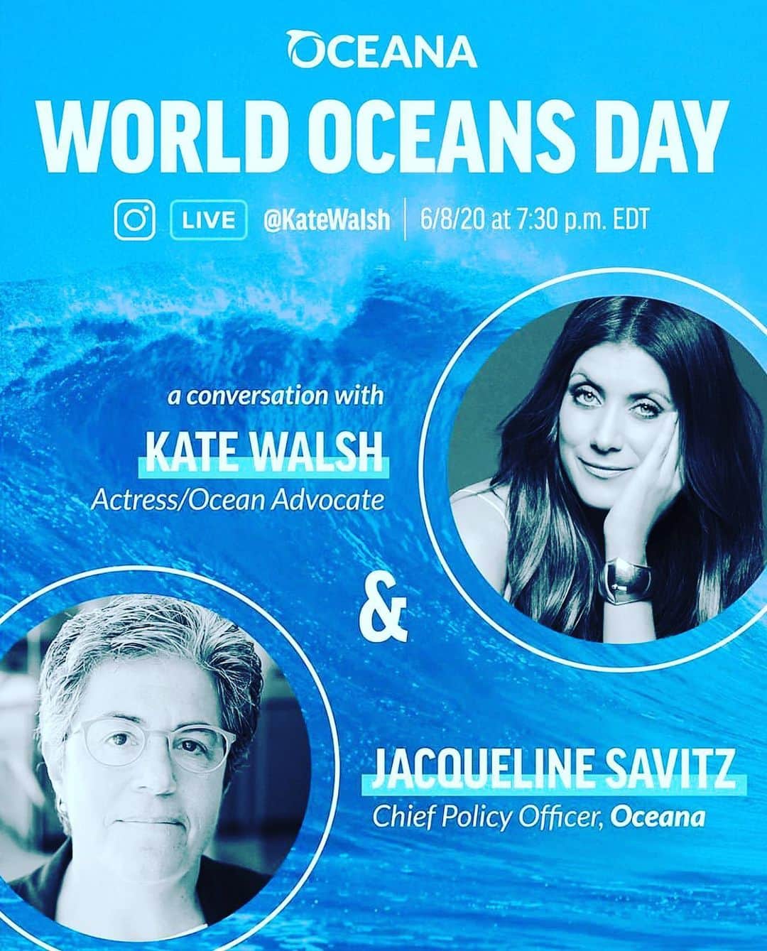 ケイト・ウォルシュさんのインスタグラム写真 - (ケイト・ウォルシュInstagram)「Join me on Monday, June 8th at 7:30pm EST as I join @Oceana Chief Policy Officer Jacqueline Savitz for an Instagram Live discussion in honor of #WorldOceansDay 💙🌊」6月6日 1時09分 - katewalsh